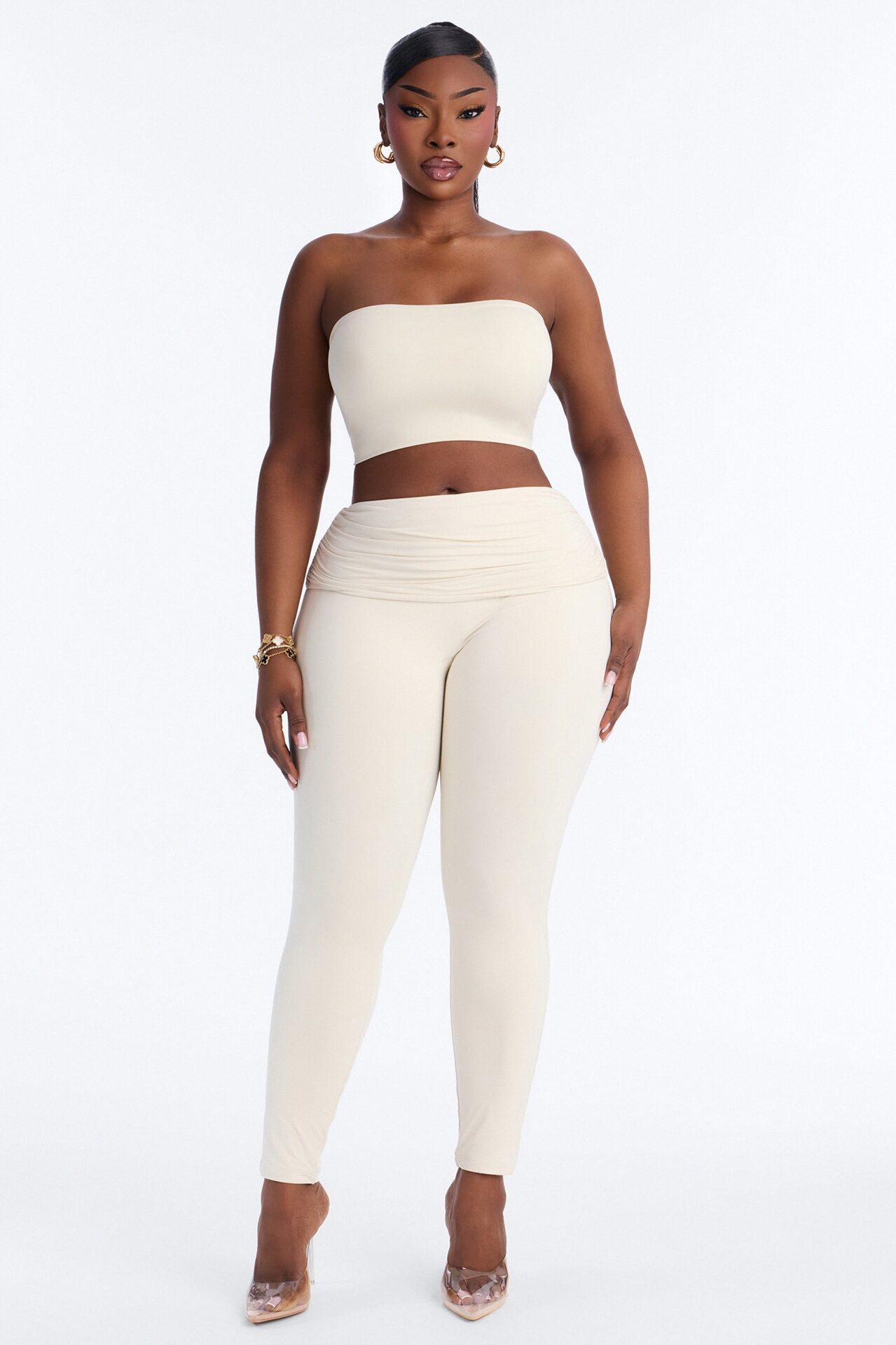 Second Skin Double Lined Ruched Foldover Leggings - Bone