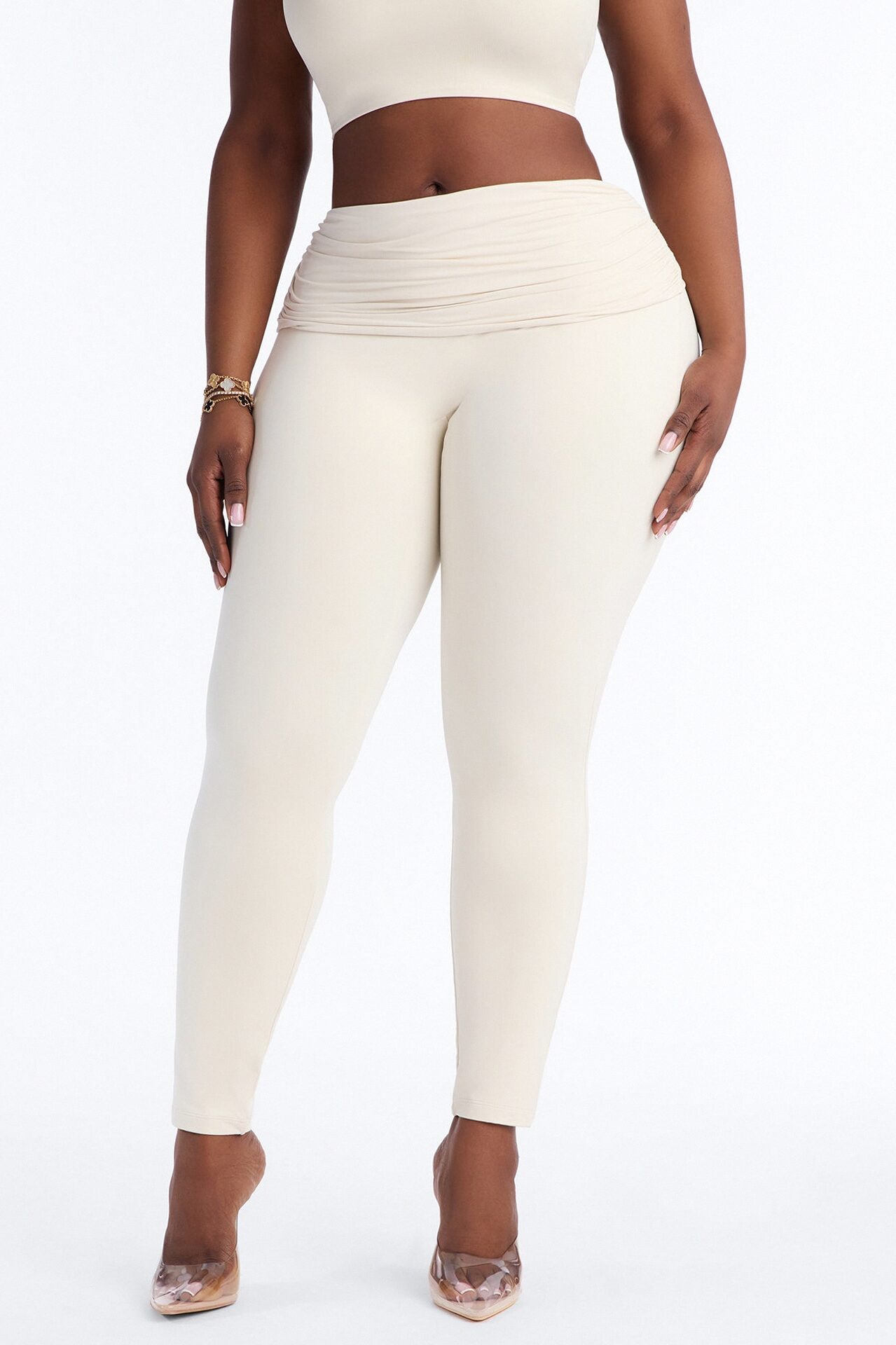 Second Skin Double Lined Ruched Foldover Leggings - Bone