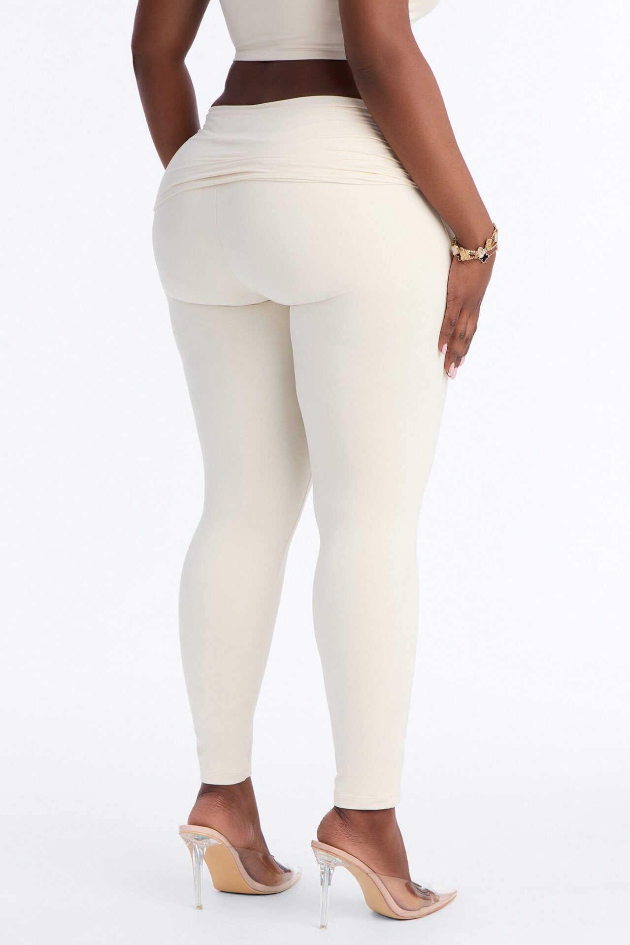 Second Skin Double Lined Ruched Foldover Leggings - Bone