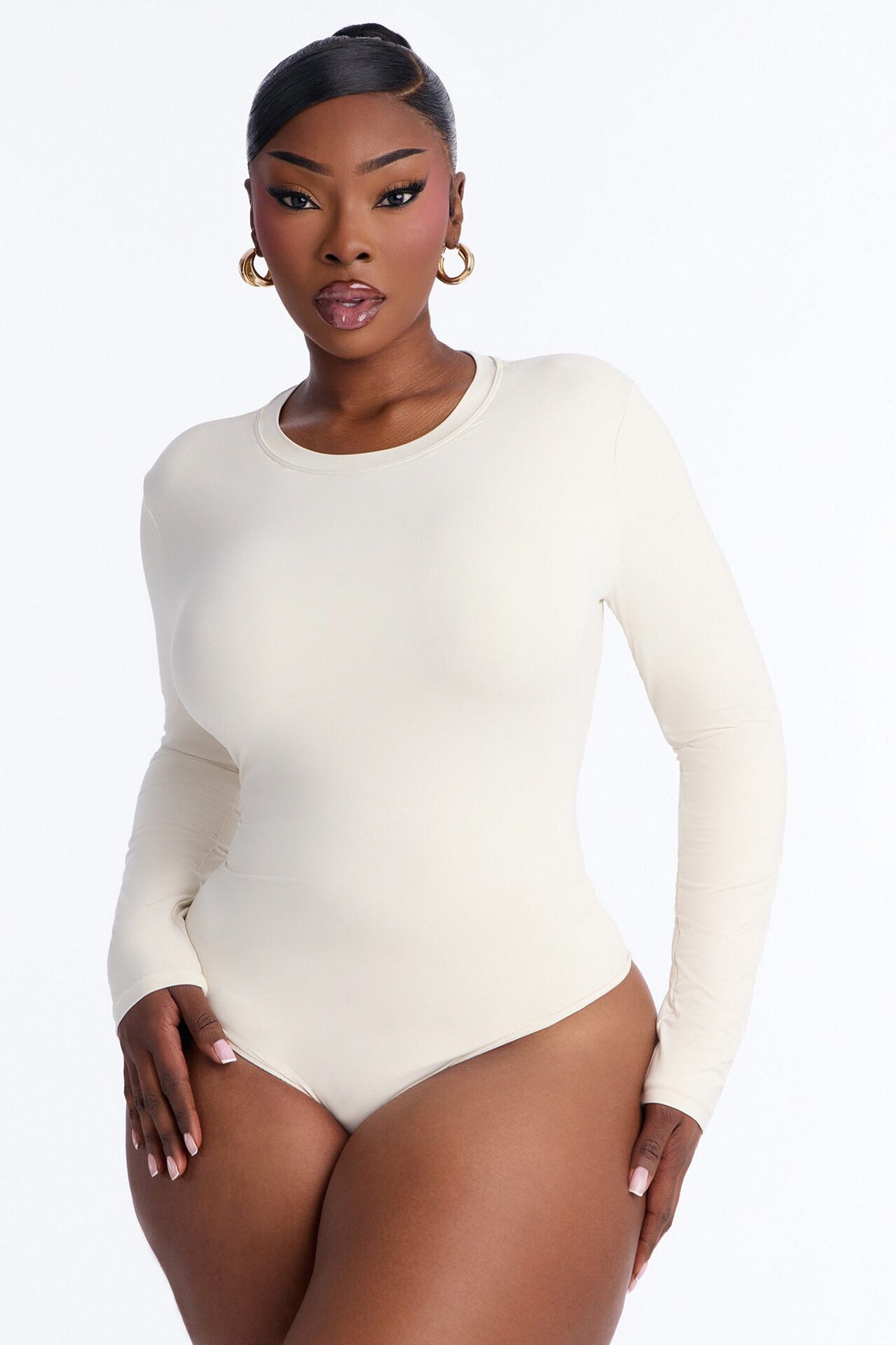 Second Skin Double Lined Crew Neck Long Sleeve Bodysuit - Bone