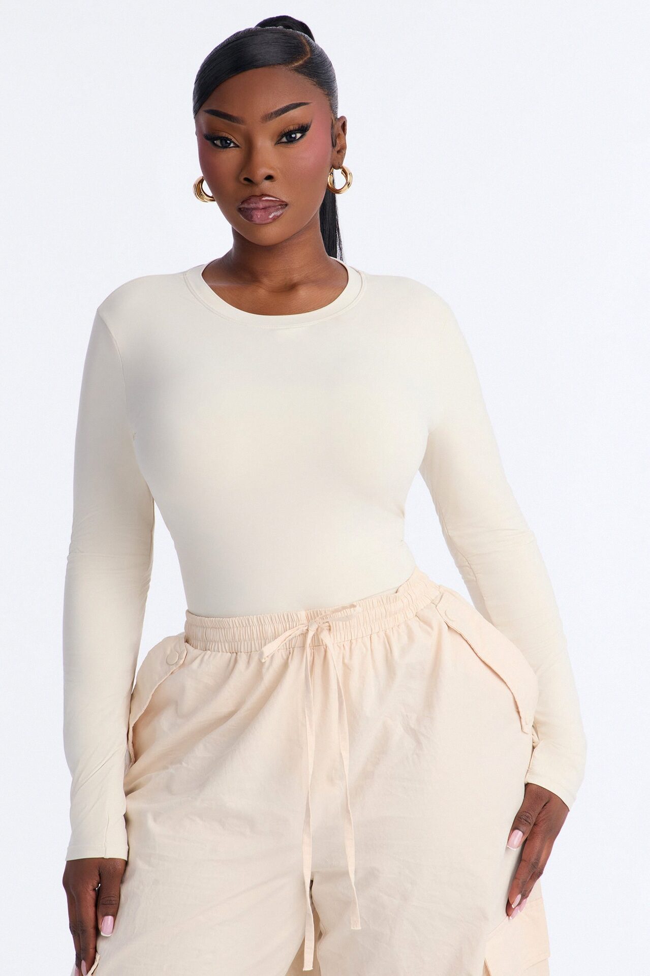 Second Skin Double Lined Crew Neck Long Sleeve Bodysuit - Bone