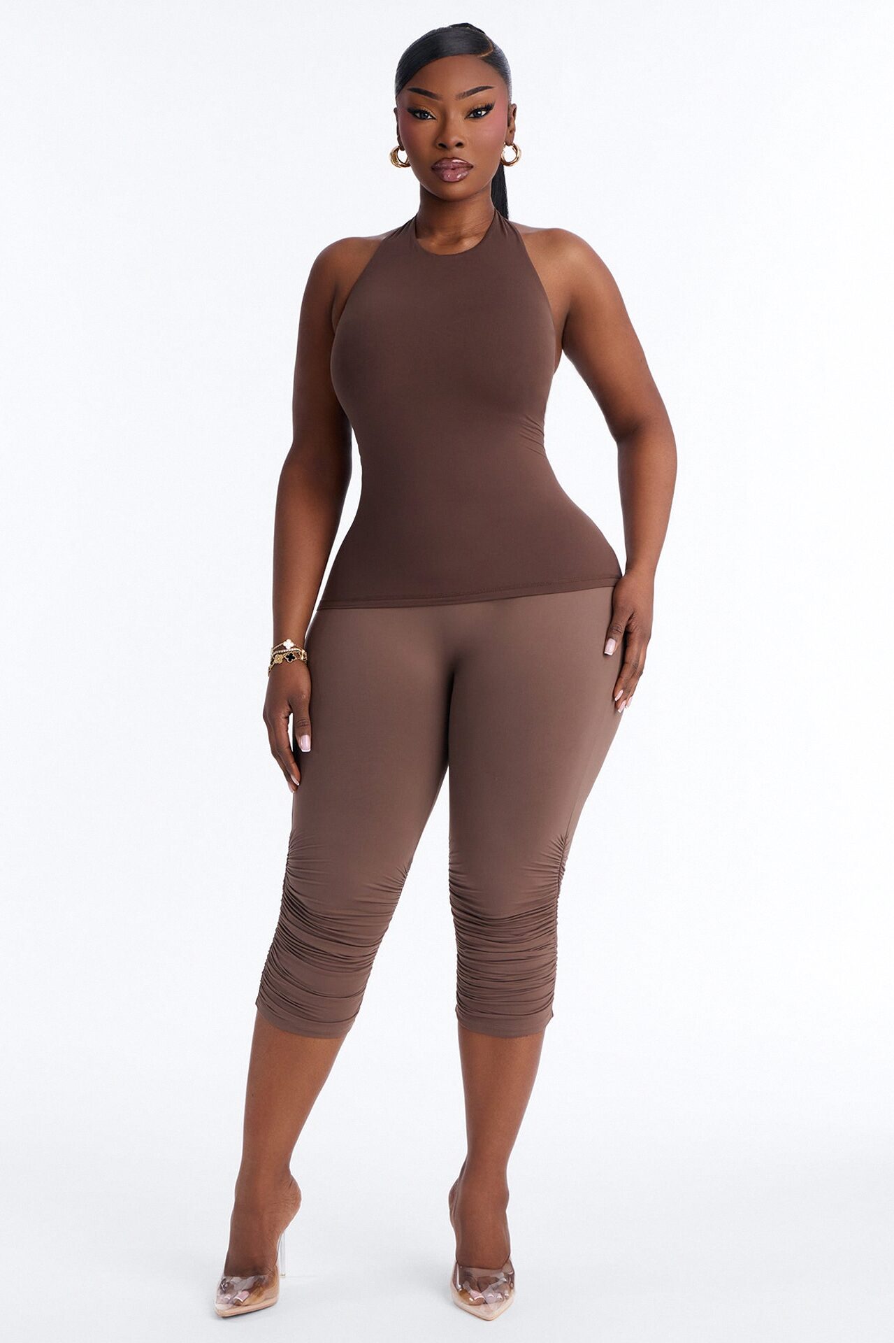 Second Skin Bra Pad Sleeveless Halter Top - Brown