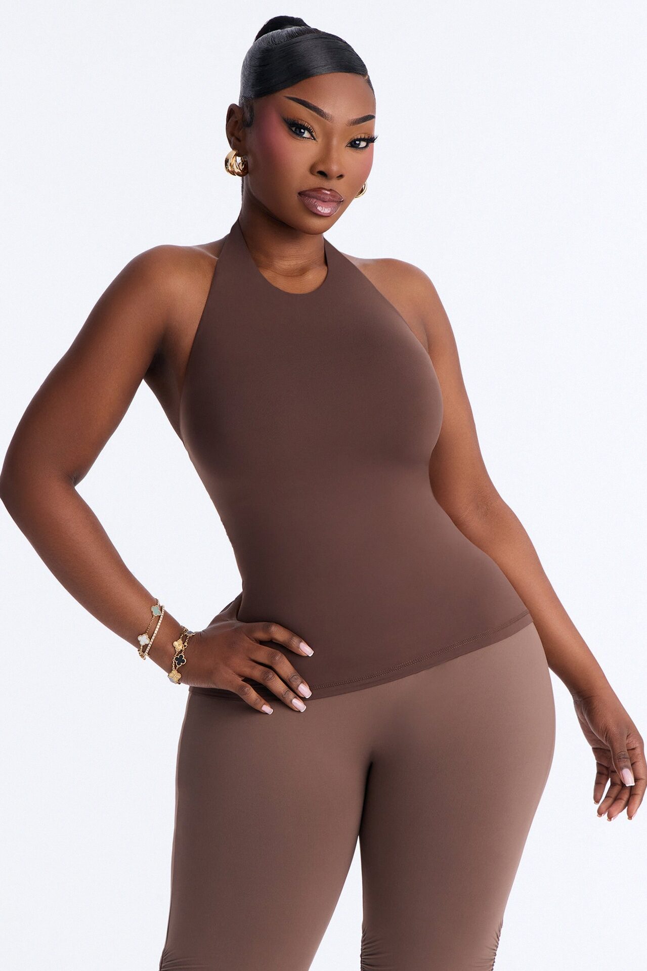 Second Skin Bra Pad Sleeveless Halter Top - Brown