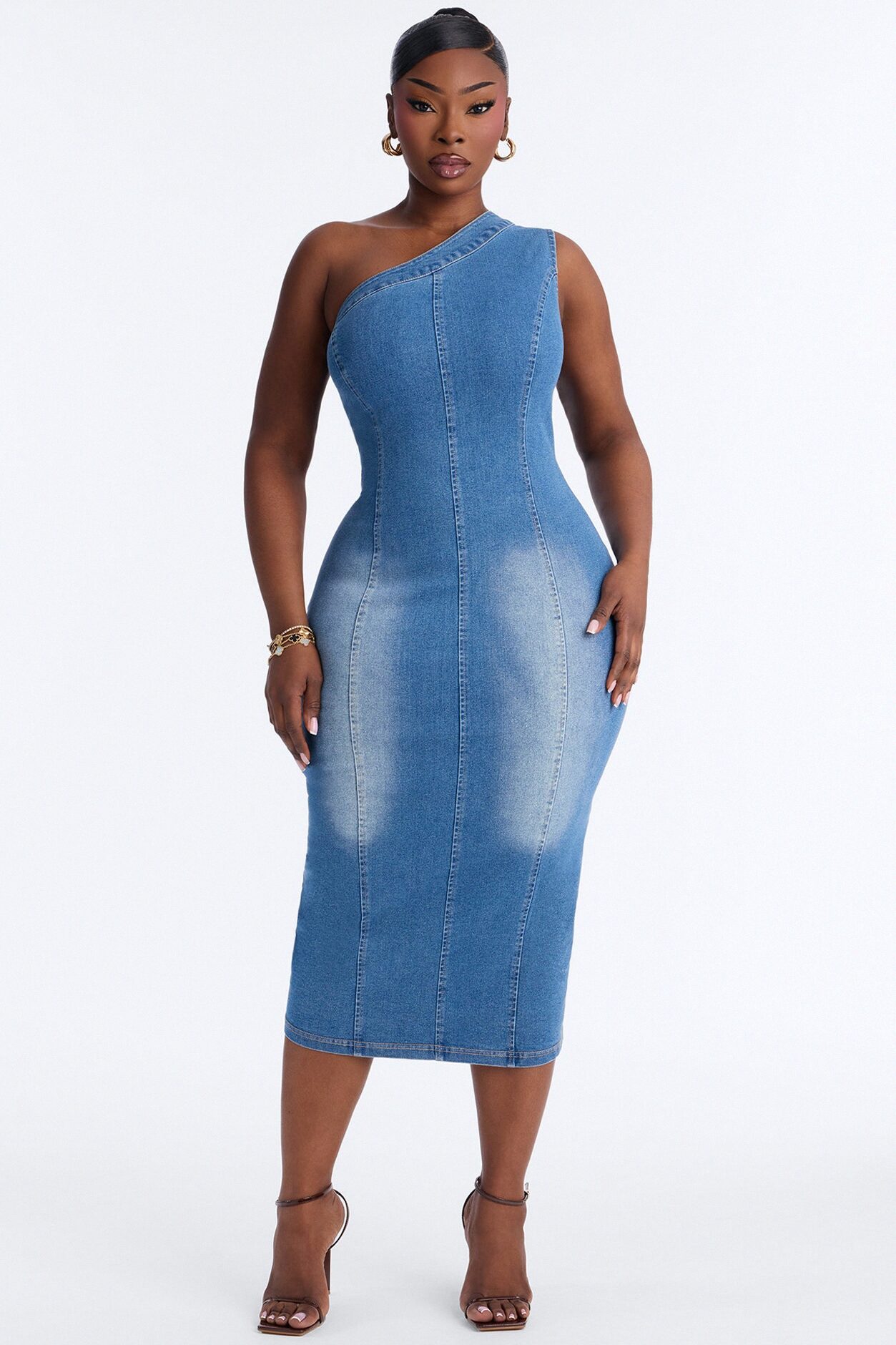Karina One Shoulder Denim Midi Dress - Denim