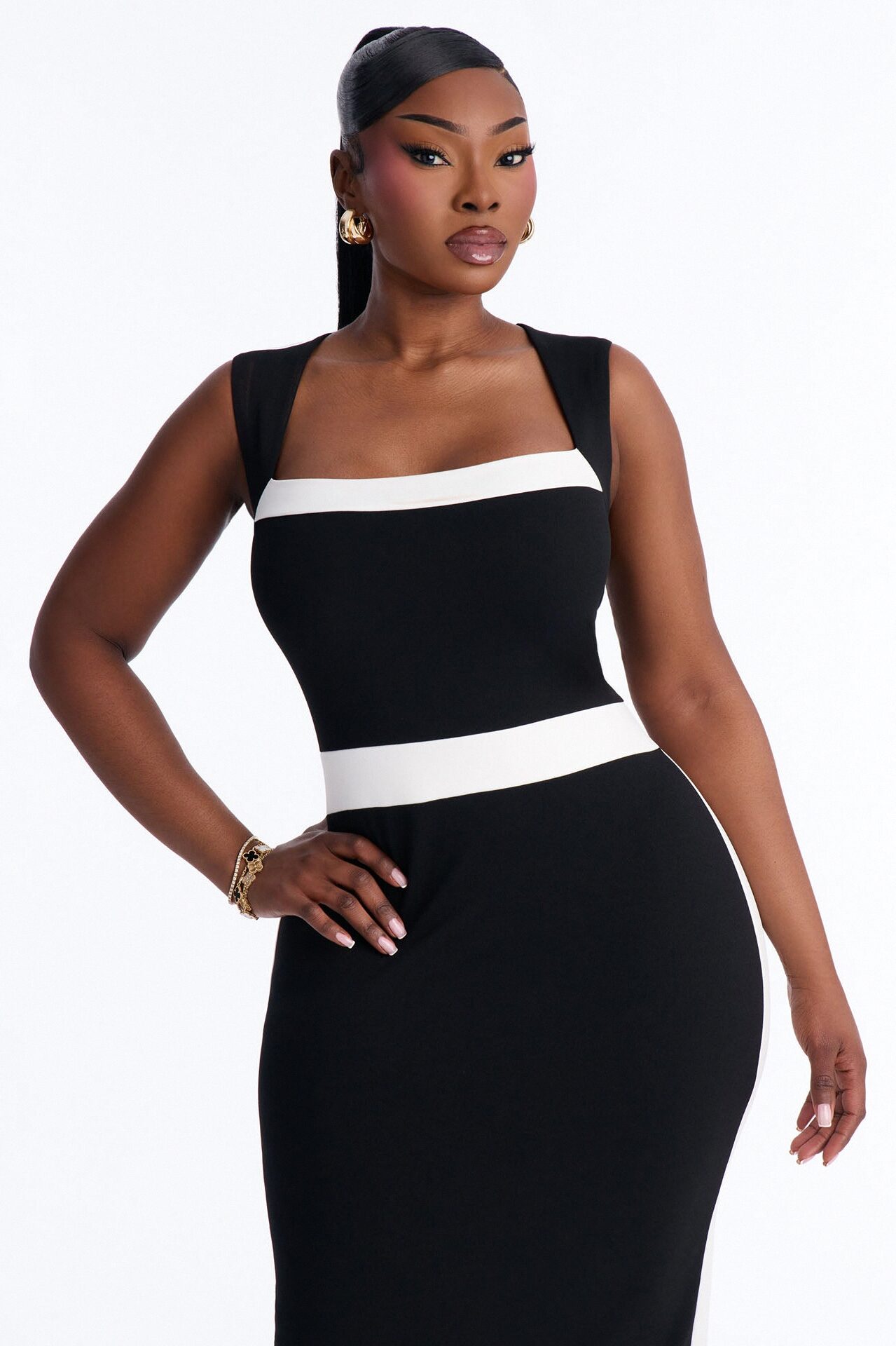 Margot Contrast Bow Midi Dress - Black/White