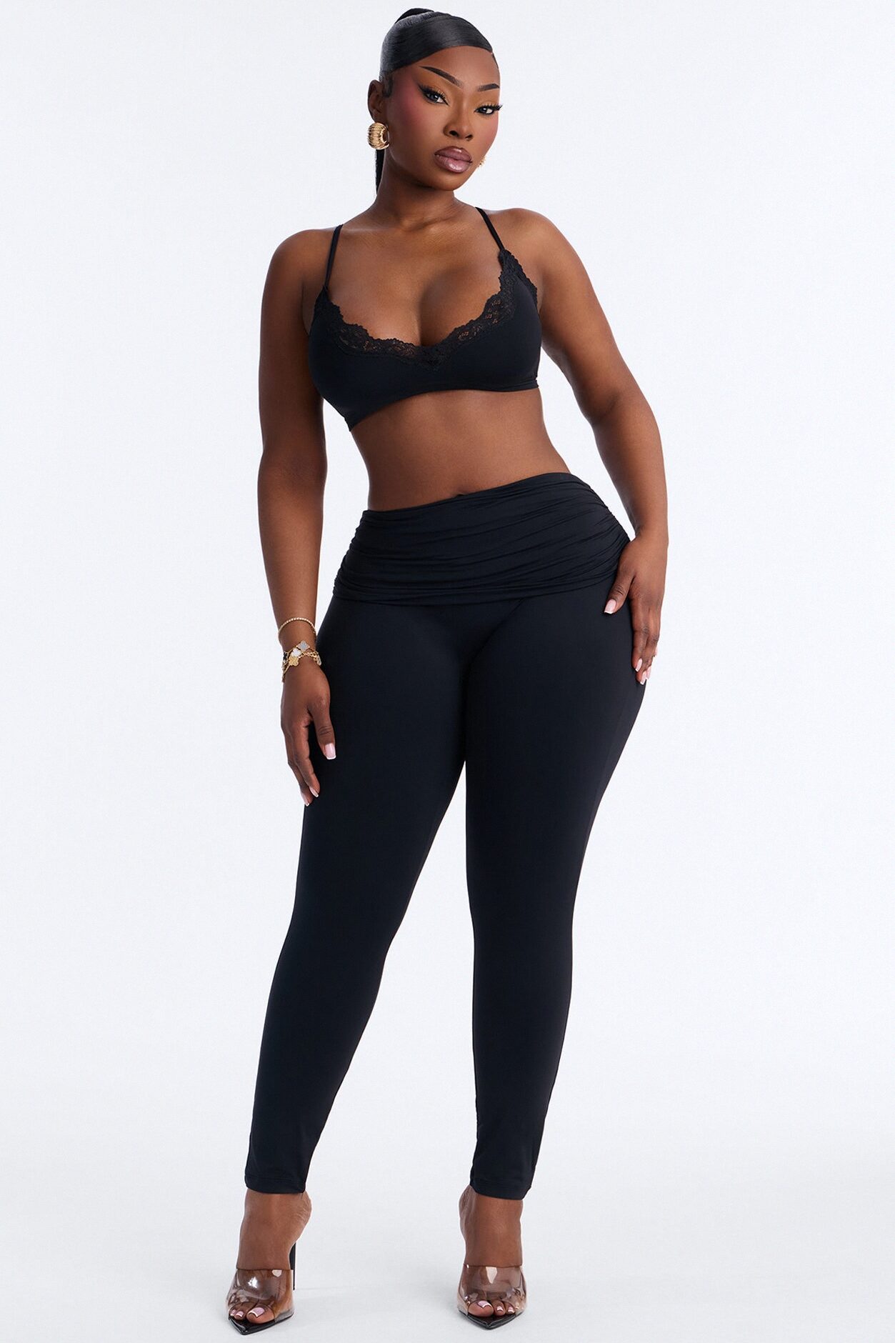 Second Skin Double Lined Ruched Foldover Leggings - Black