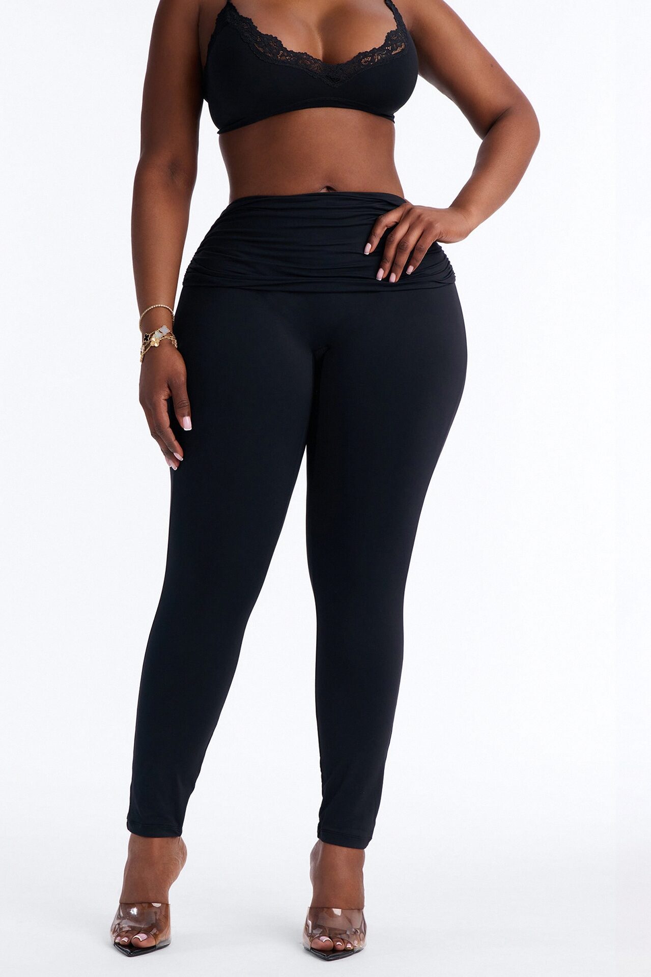 Second Skin Double Lined Ruched Foldover Leggings - Black