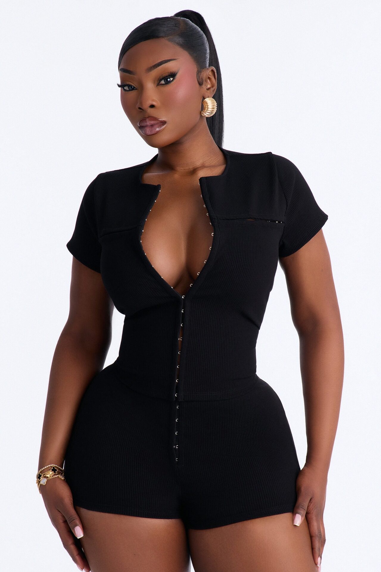 Kami Snatched Short Sleeve 2 Piece Micro Mini Short Set - Black