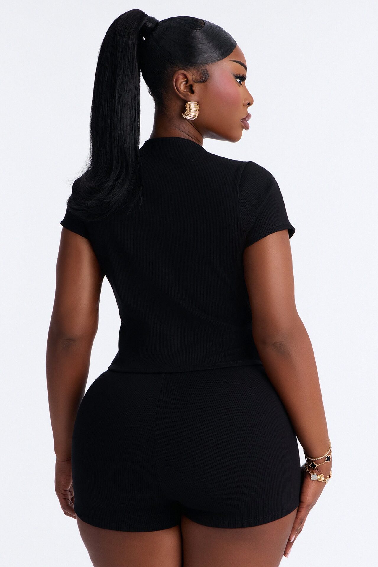 Kami Snatched Short Sleeve 2 Piece Micro Mini Short Set - Black
