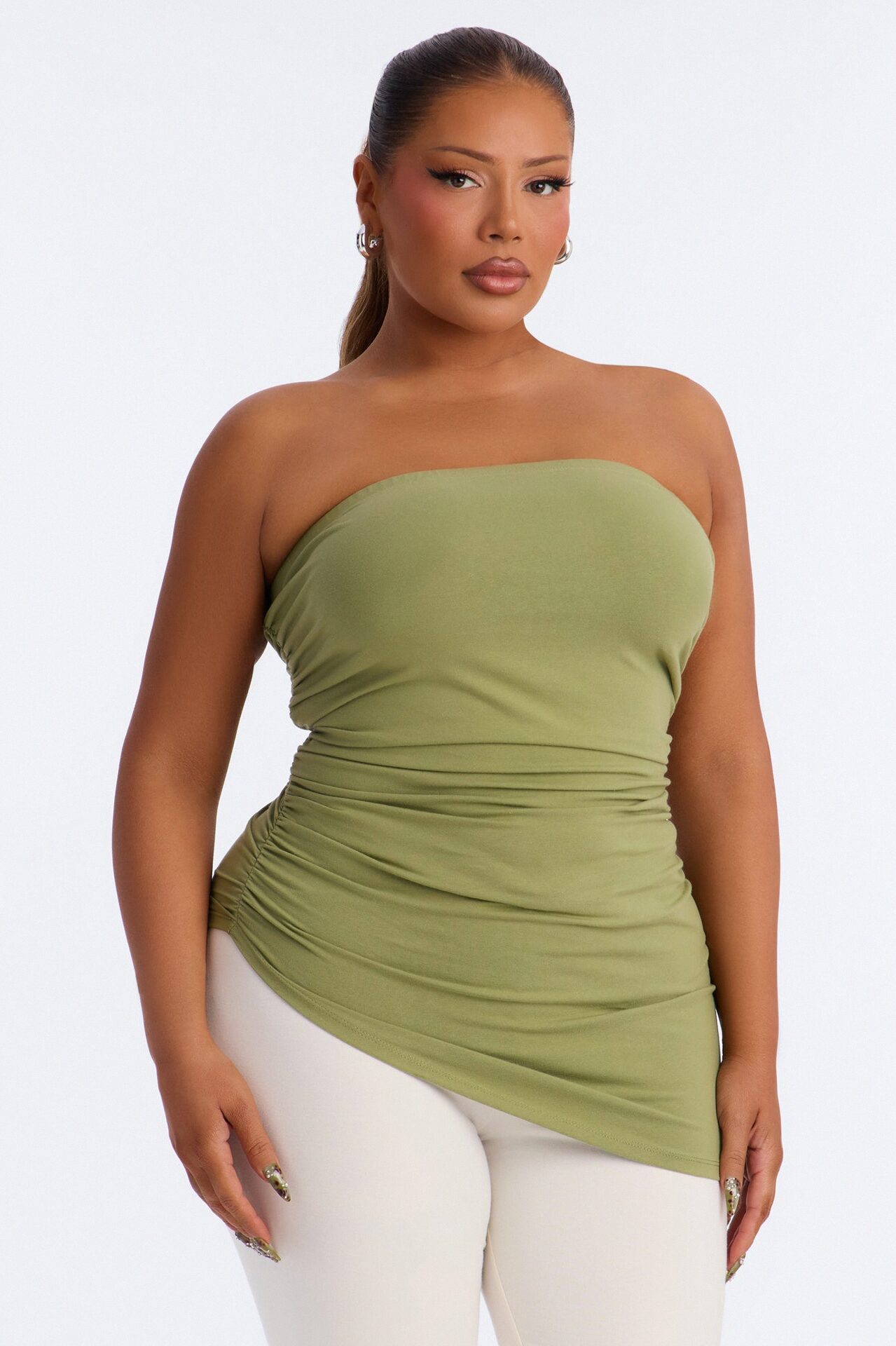 Quinn Asymmetrical Ruched Tube Top - Moss