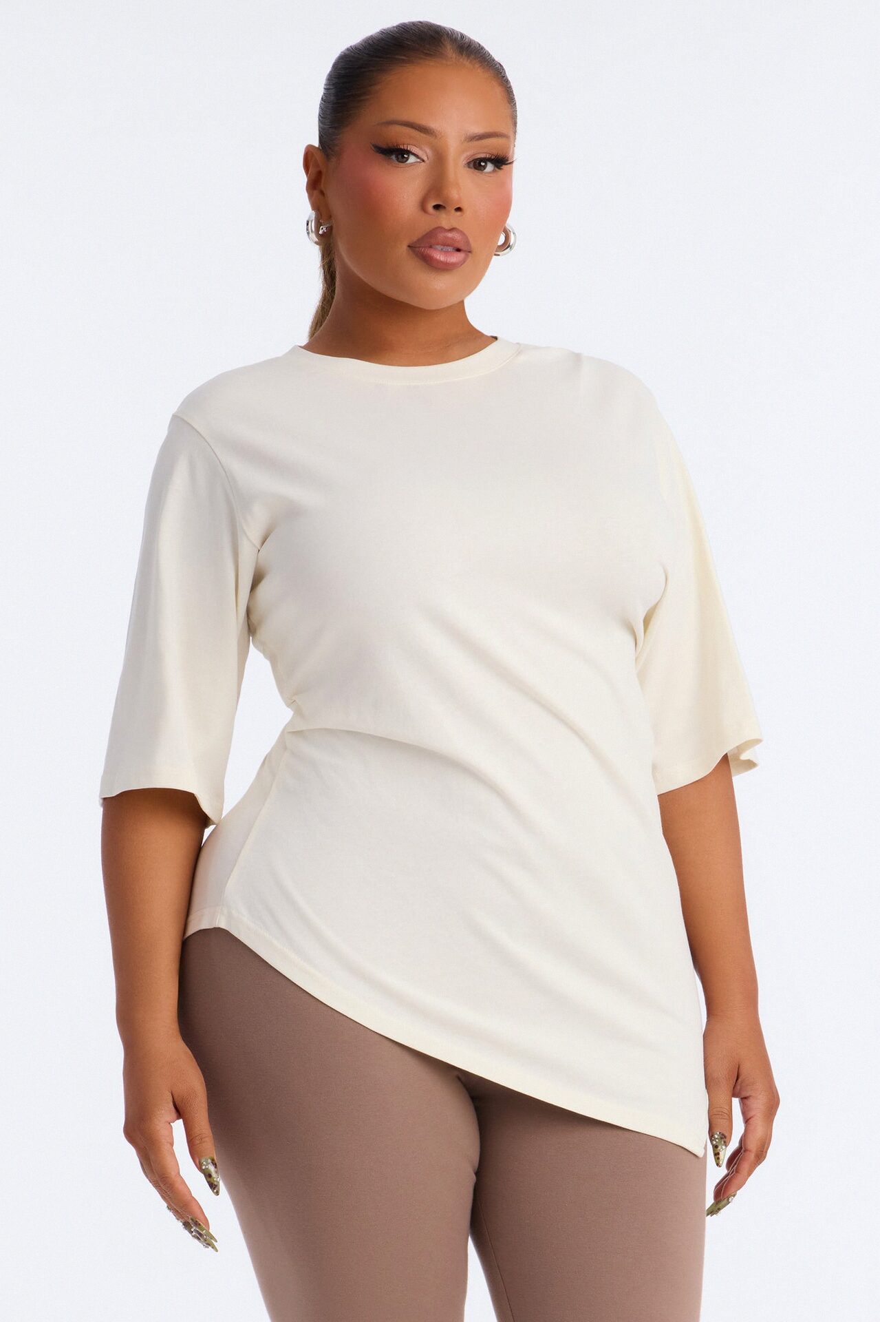 Mila Cinched Waist Asymmetrical T-Shirt - Cream