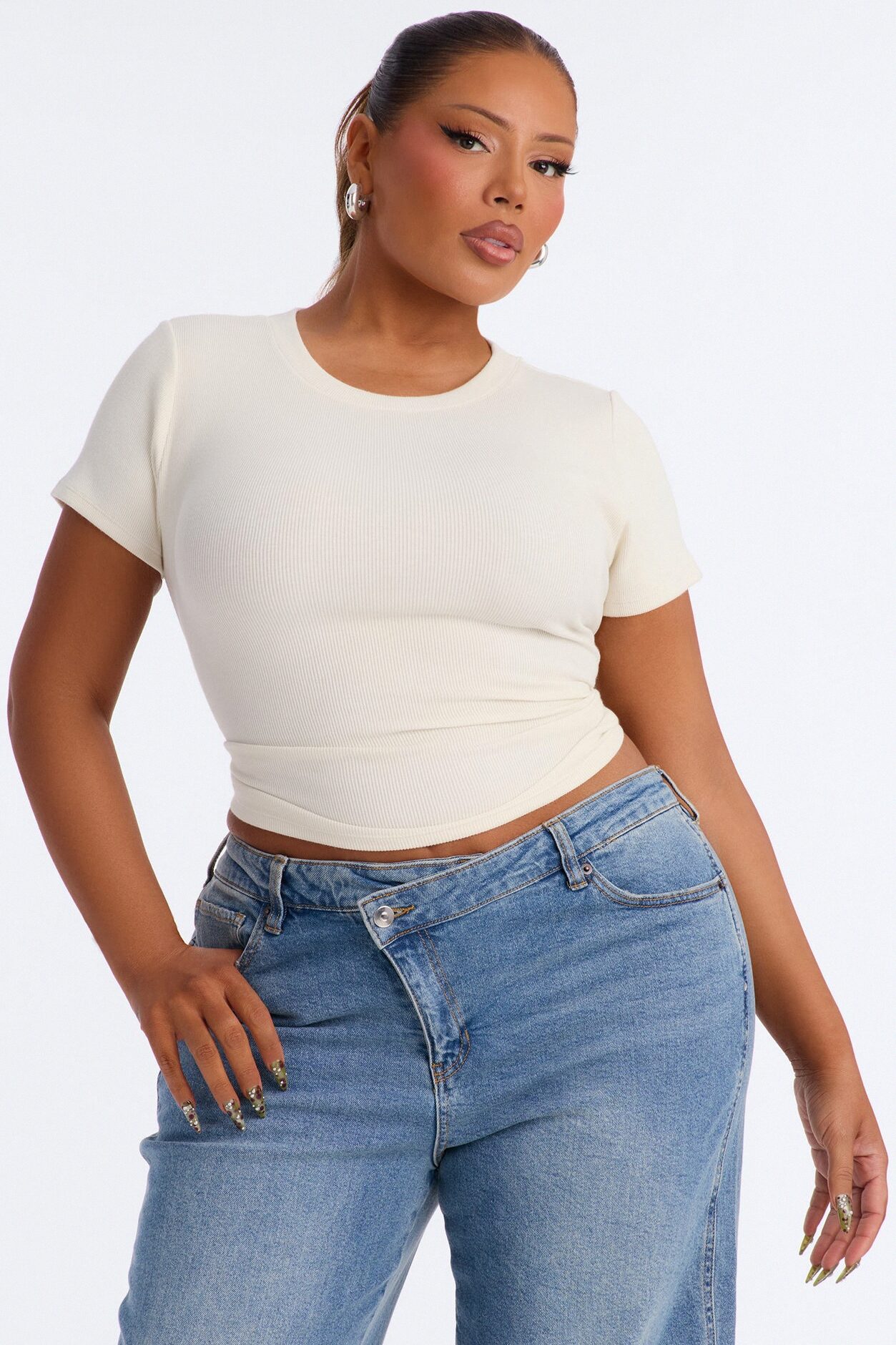Kayla Rib Cap Sleeve Crew Neck Top - Cream