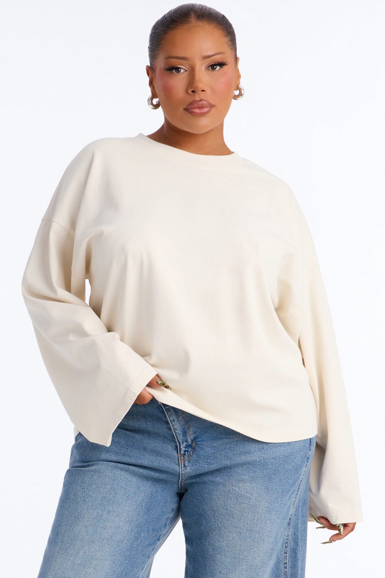 Arissa Crew Neck Long Sleeve Oversized T-Shirt - Cream