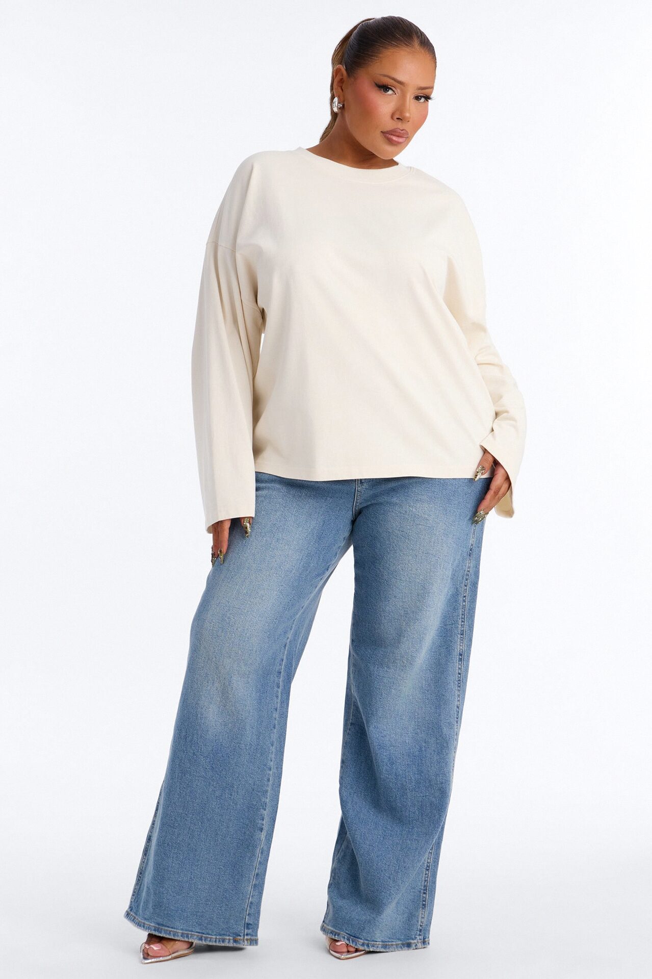 Arissa Crew Neck Long Sleeve Oversized T-Shirt - Cream