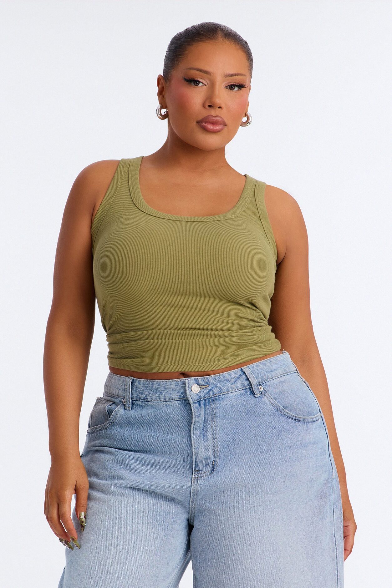 Irene Rib Scoop Neck Tank Top - Moss
