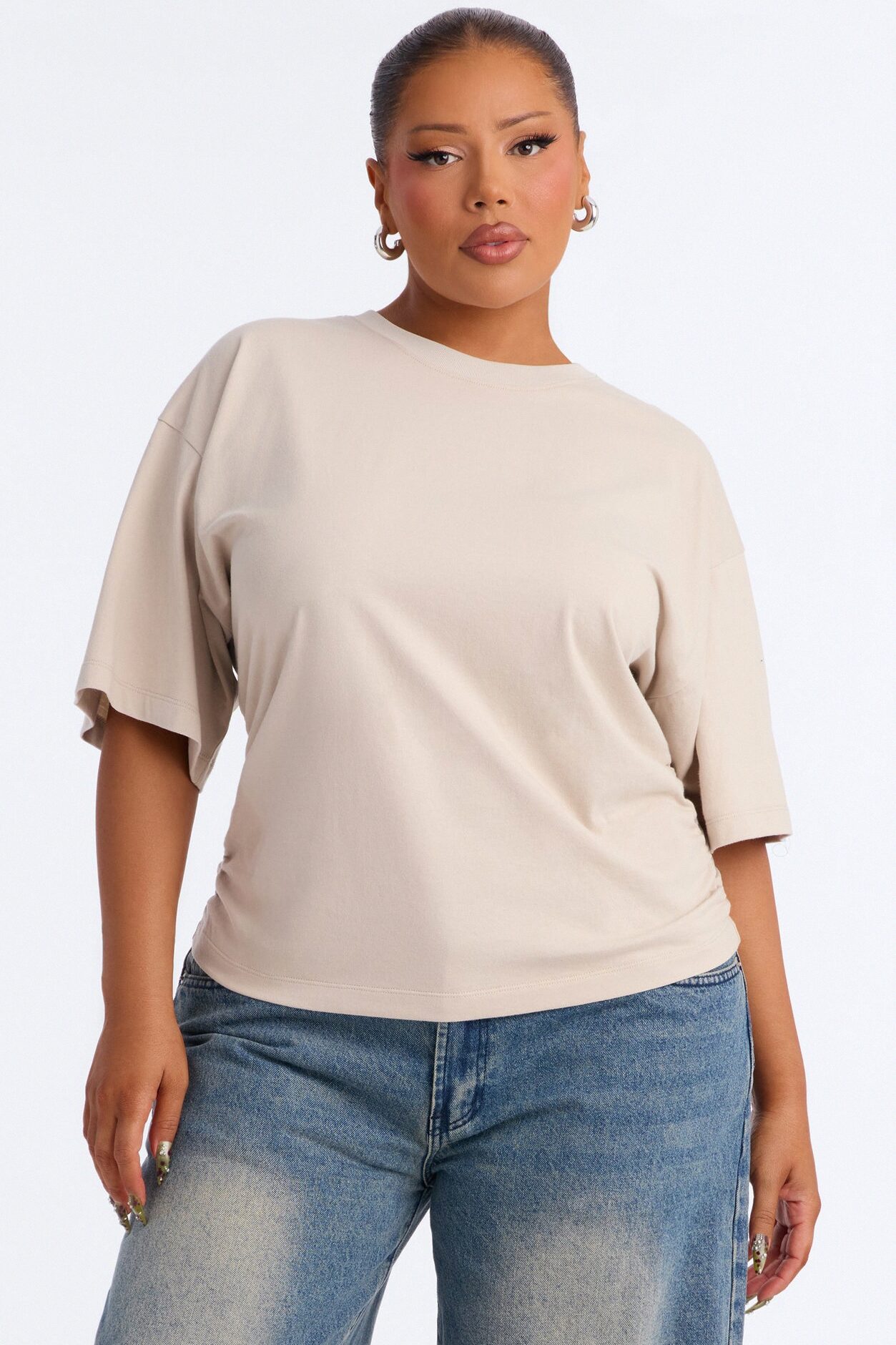 Nora Crew Neck Ruched Short Sleeve T-Shirt - Stone
