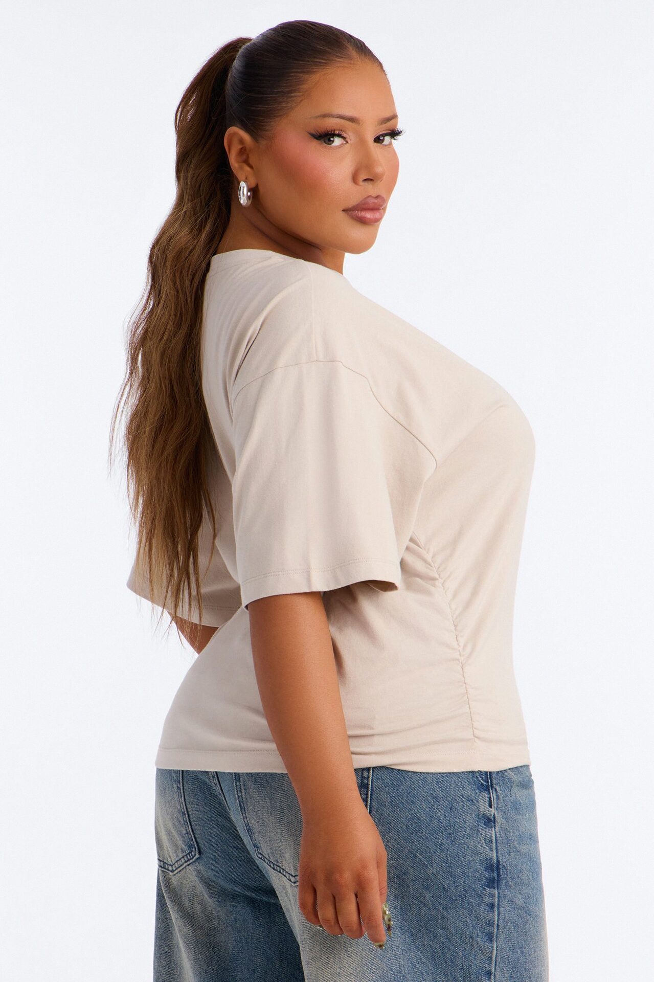 Nora Crew Neck Ruched Short Sleeve T-Shirt - Stone