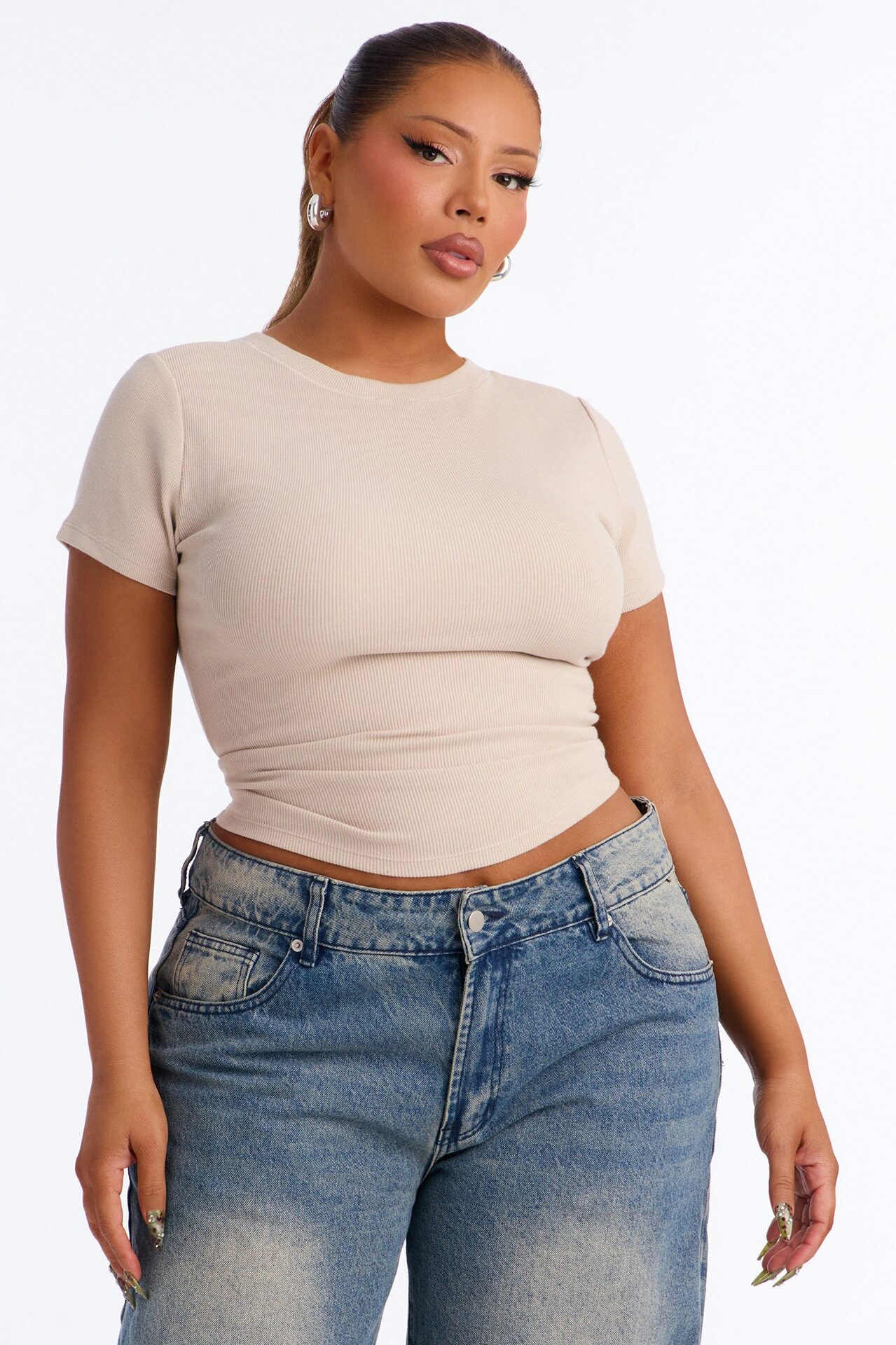 Kayla Rib Cap Sleeve Crew Neck Top - Stone