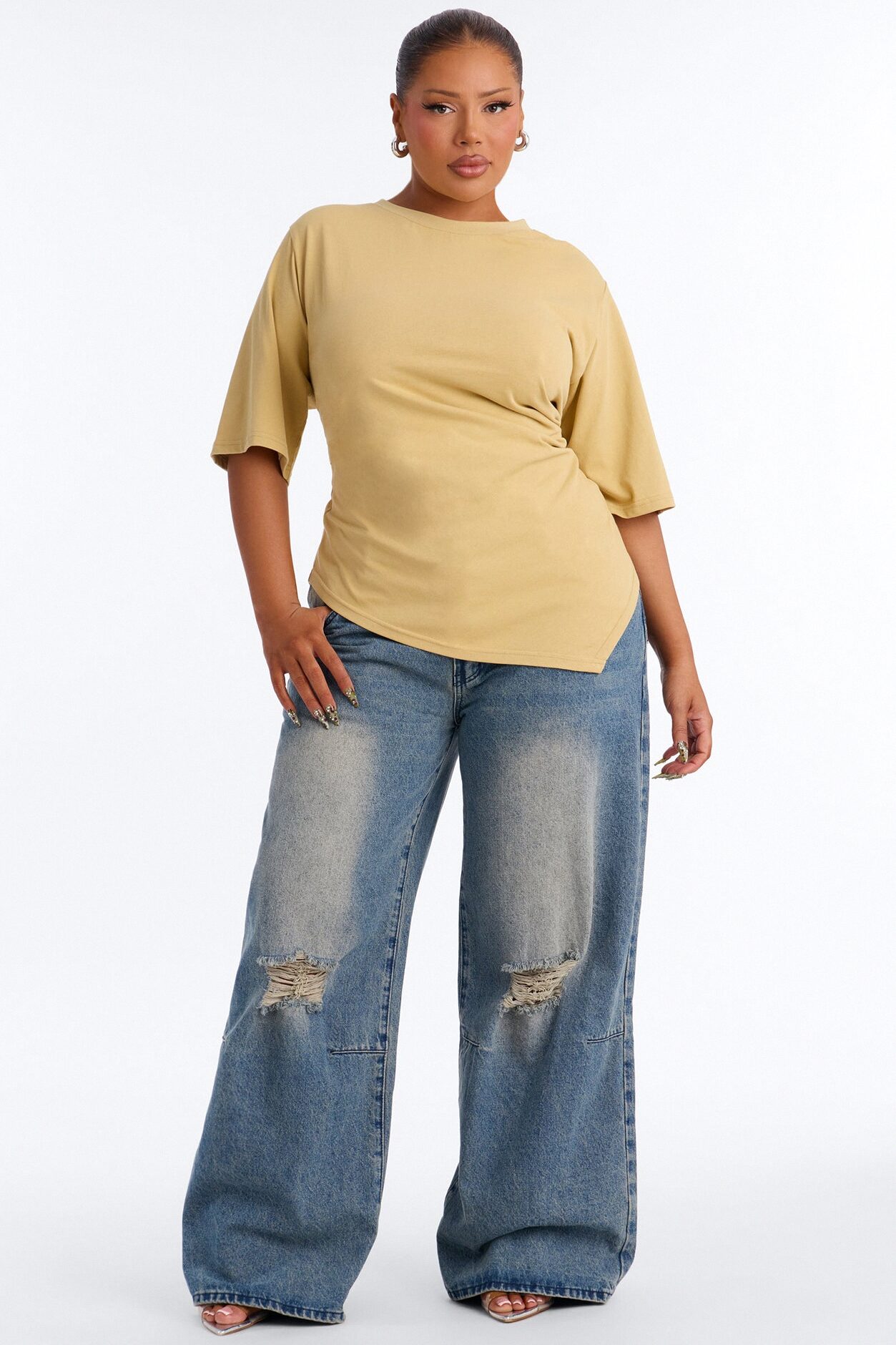Mila Cinched Waist Asymmetrical T-Shirt - Honey