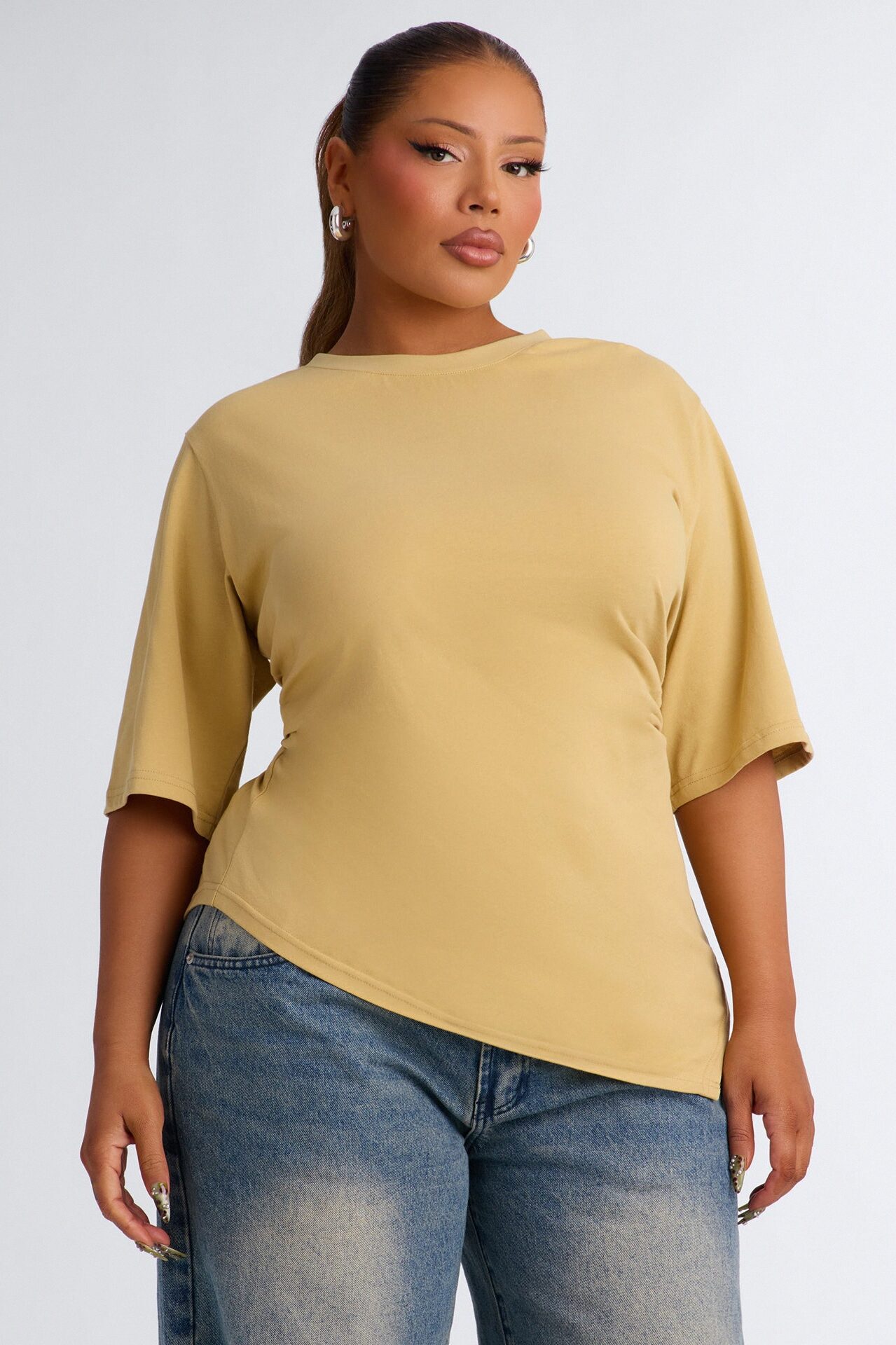 Mila Cinched Waist Asymmetrical T-Shirt - Honey