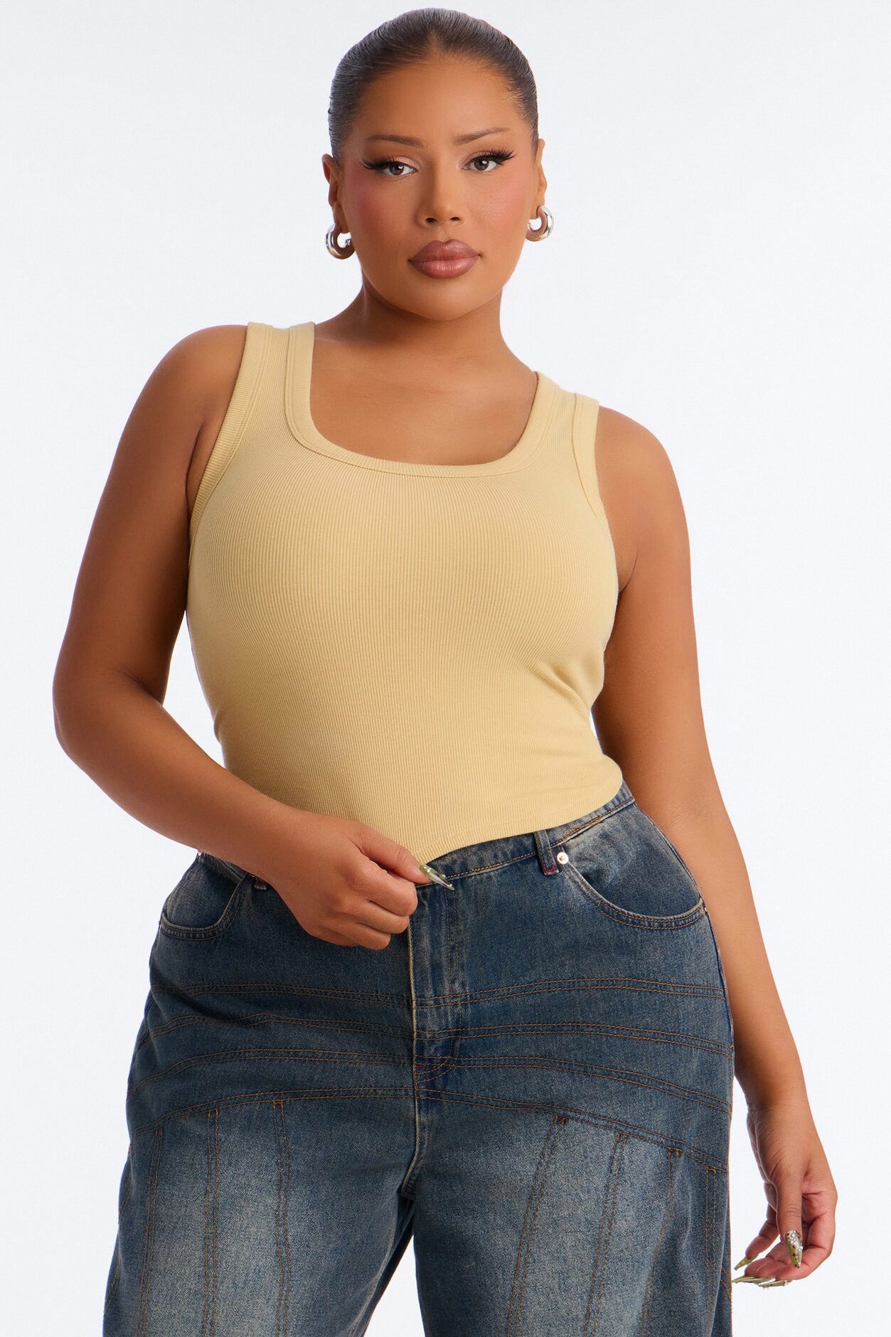Haily Rib Square Neck Tank Top - Honey