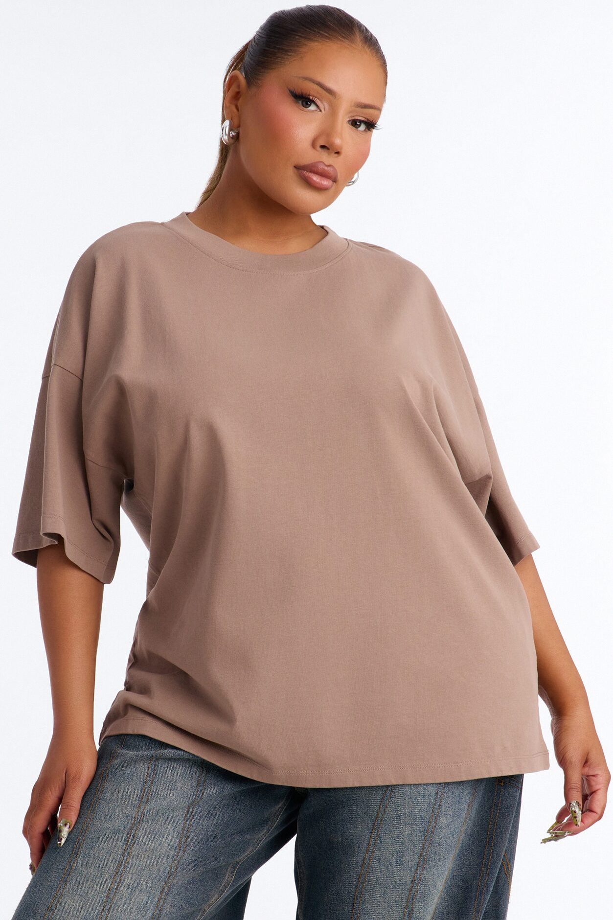 Kali Oversized Boyfriend Crew Neck T-Shirt - Taupe