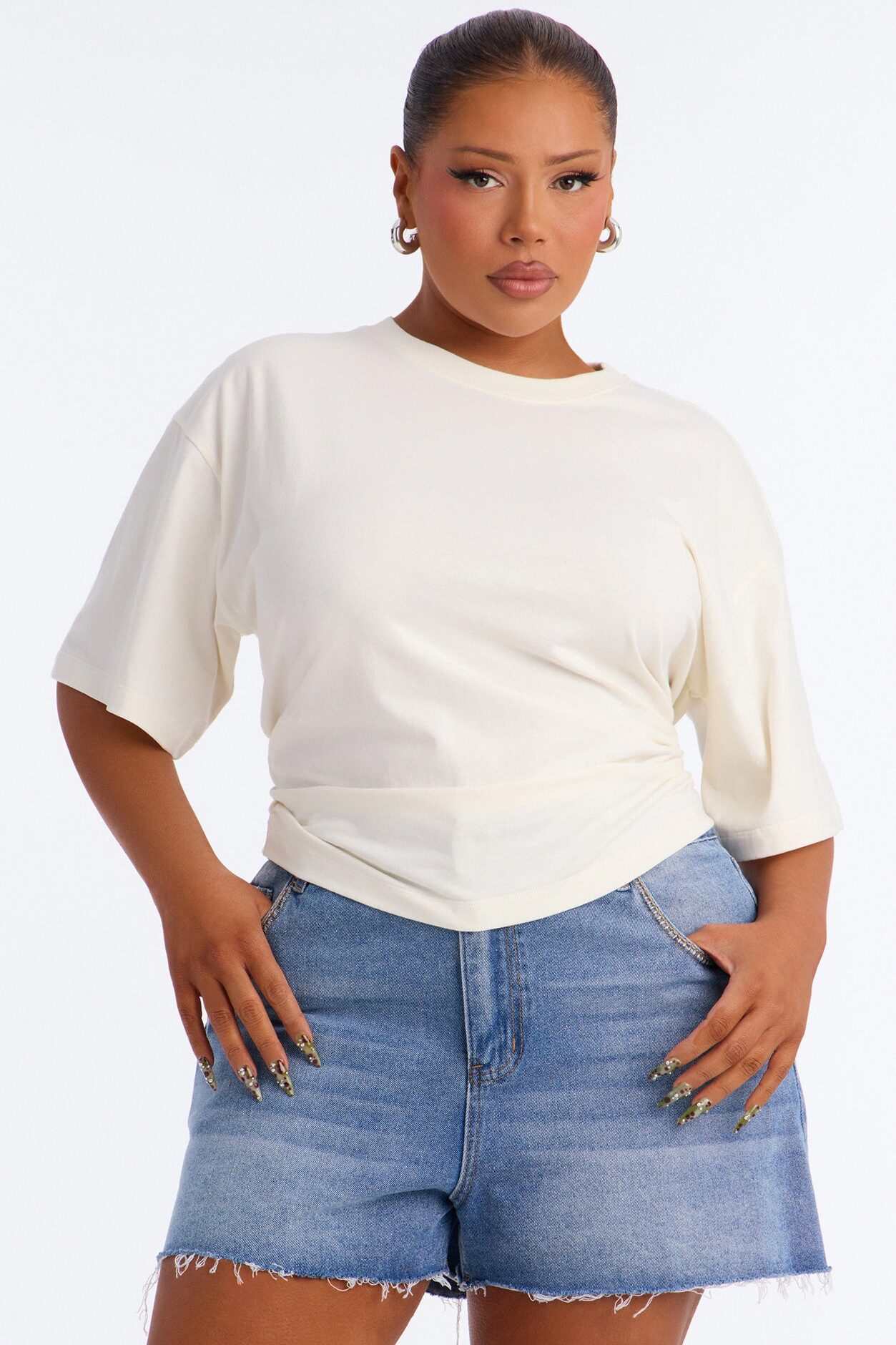 Nora Crew Neck Ruched Short Sleeve T-Shirt - Cream