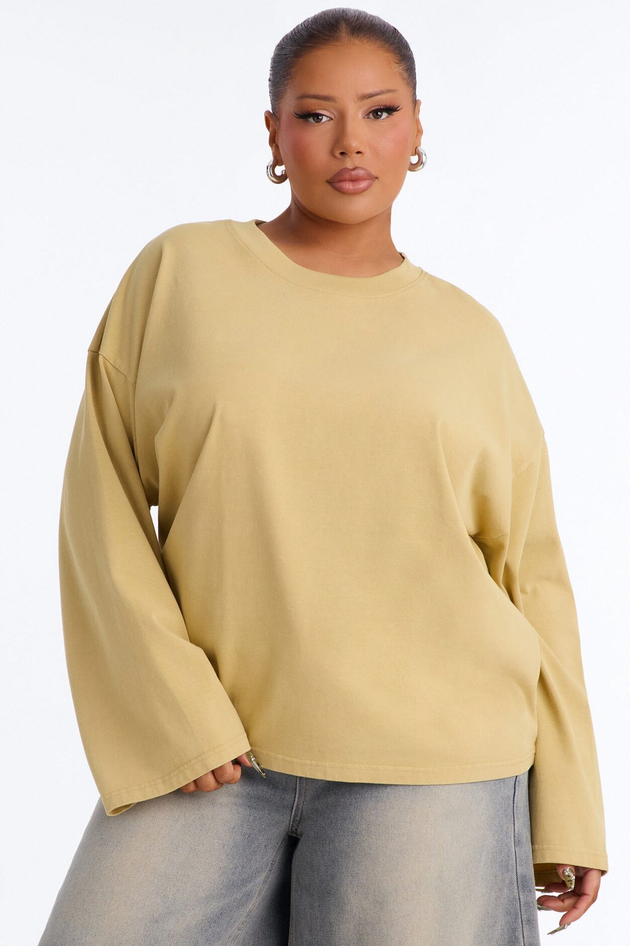 Arissa Crew Neck Long Sleeve Oversized T-Shirt - Honey