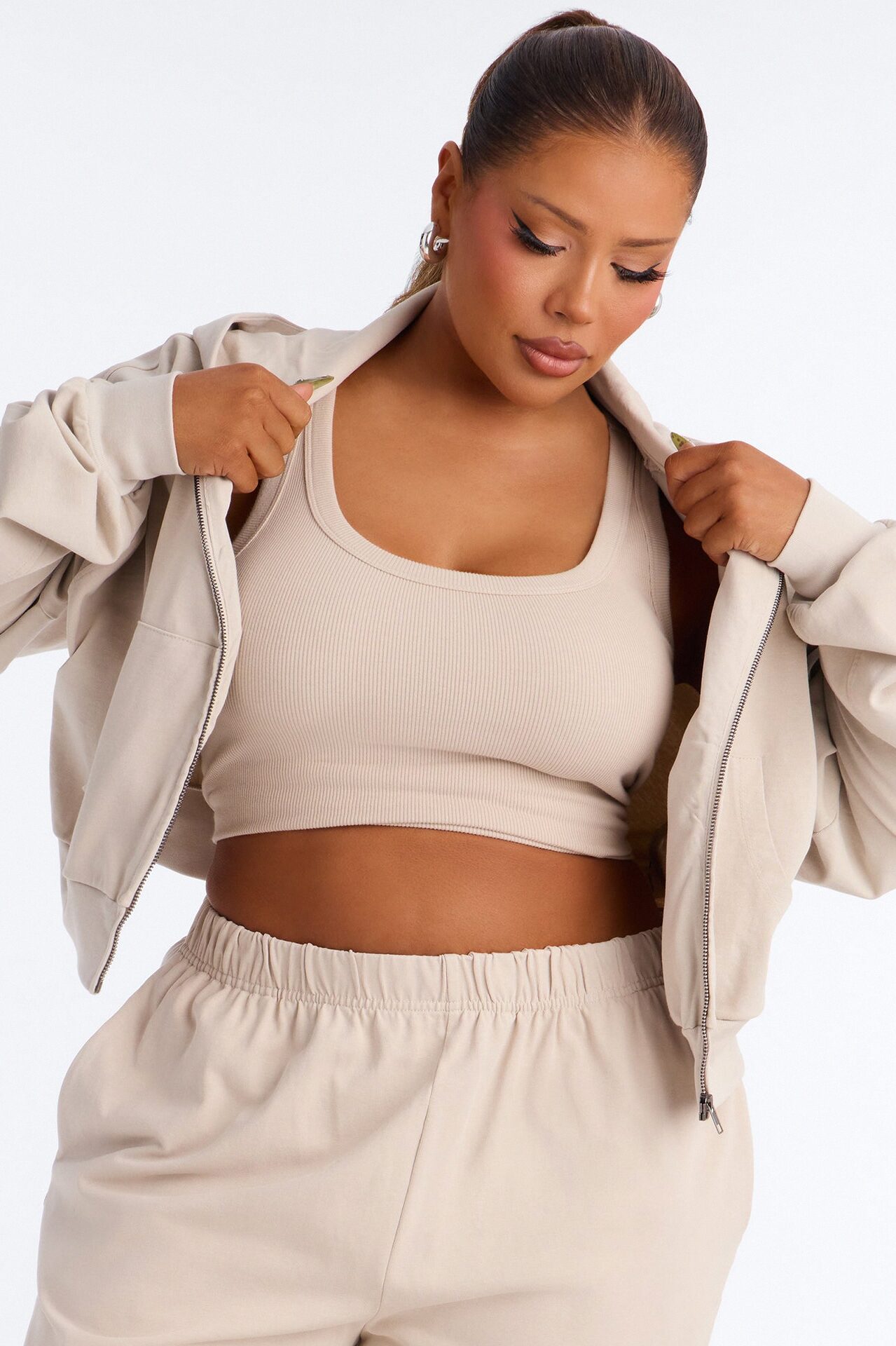 Mylie Cropped Zip Hoodie - Stone