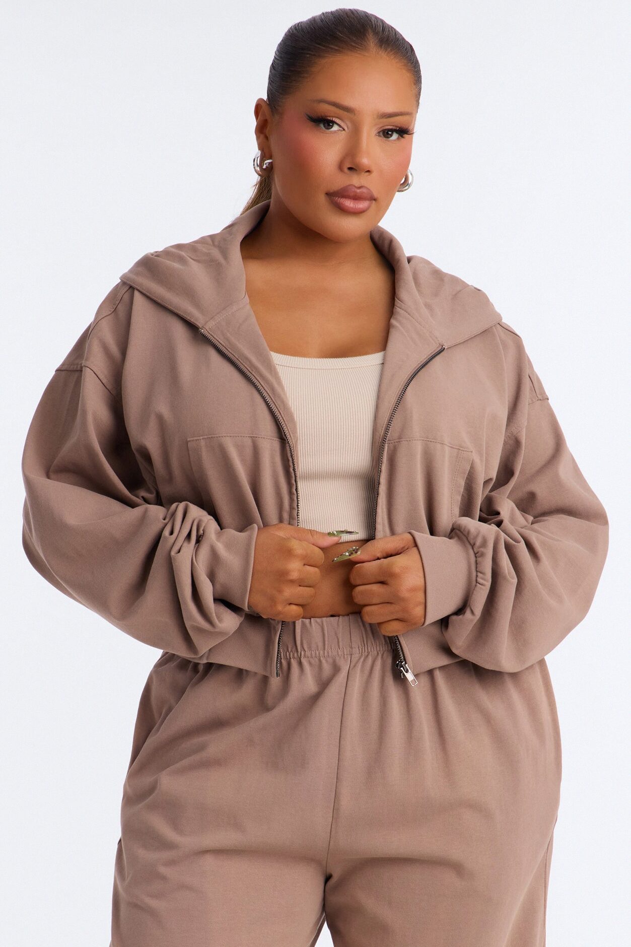 Mylie Cropped Zip Hoodie - Taupe