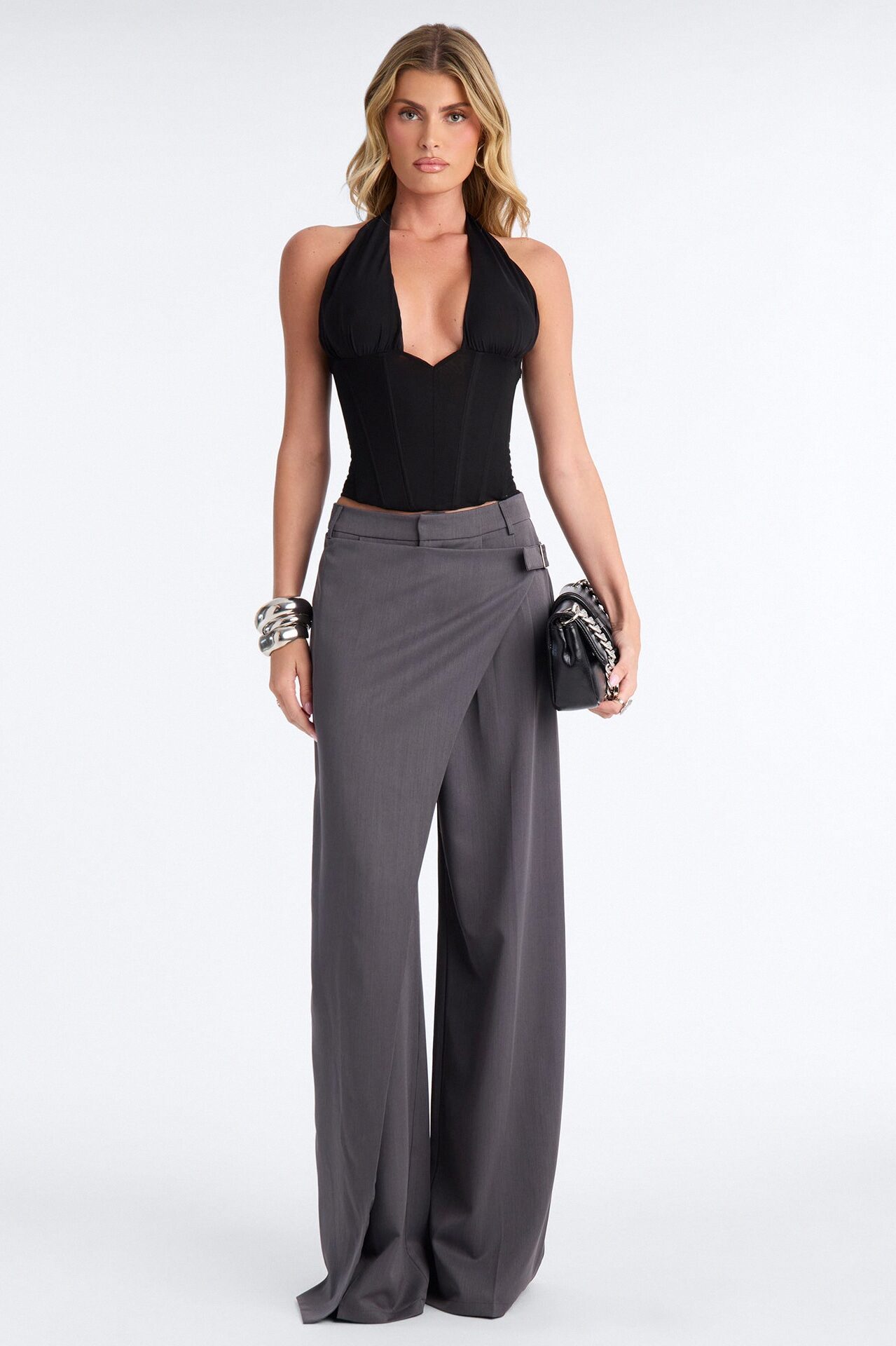 Tall Tailored Touch Wrap Front Trouser - Charcoal