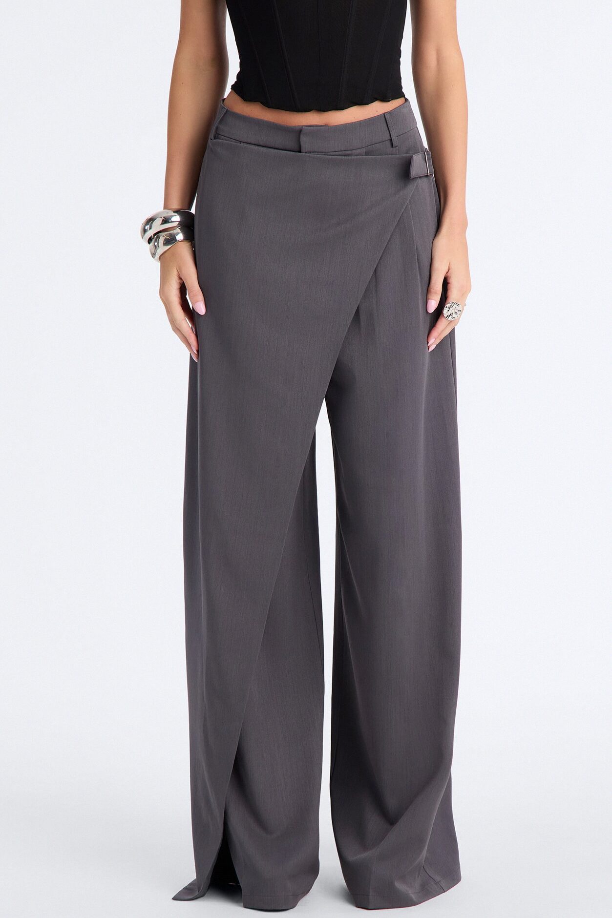 Tall Tailored Touch Wrap Front Trouser - Charcoal