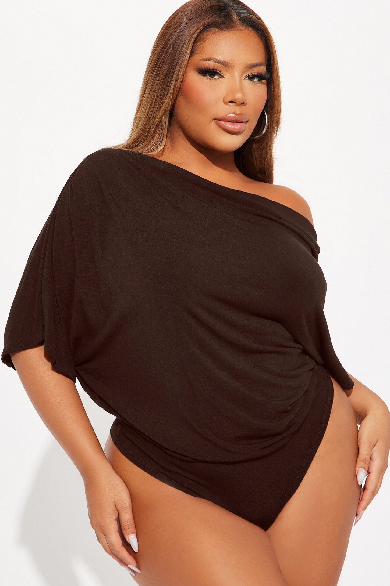 Flatter Me Off Shoulder Bodysuit - Brown