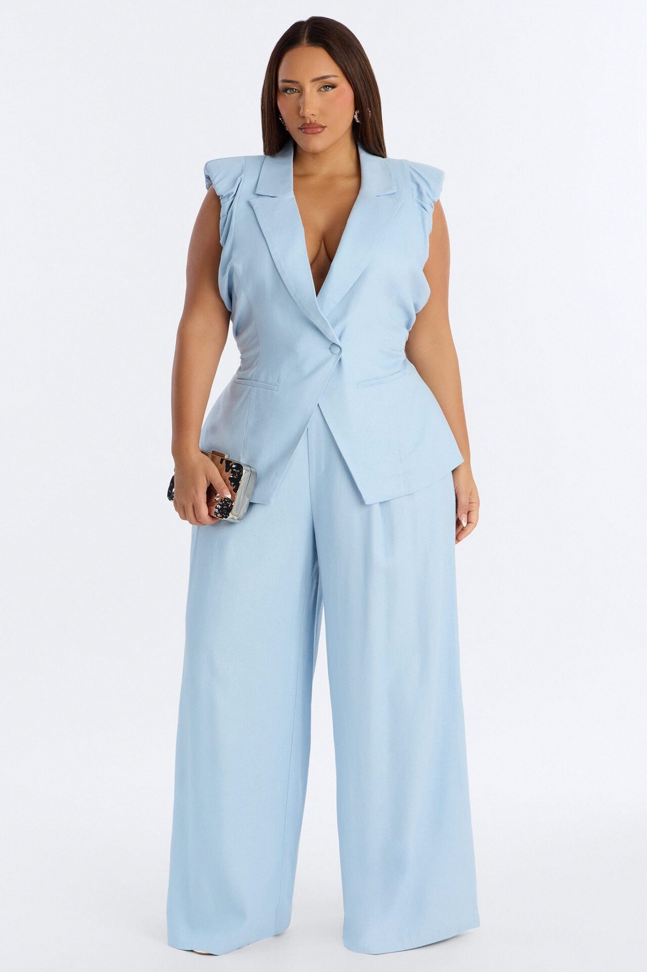 Nhulla Sleeveless Ruched Linen Blazer - Blue