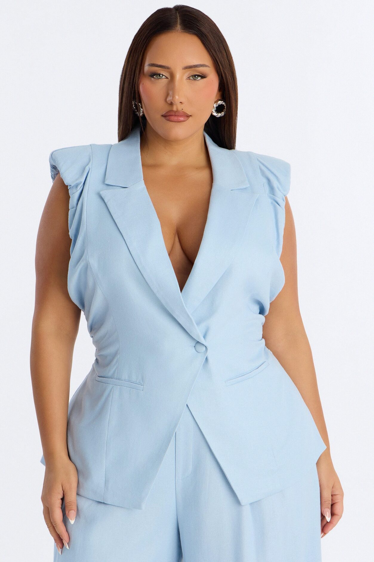 Nhulla Sleeveless Ruched Linen Blazer - Blue