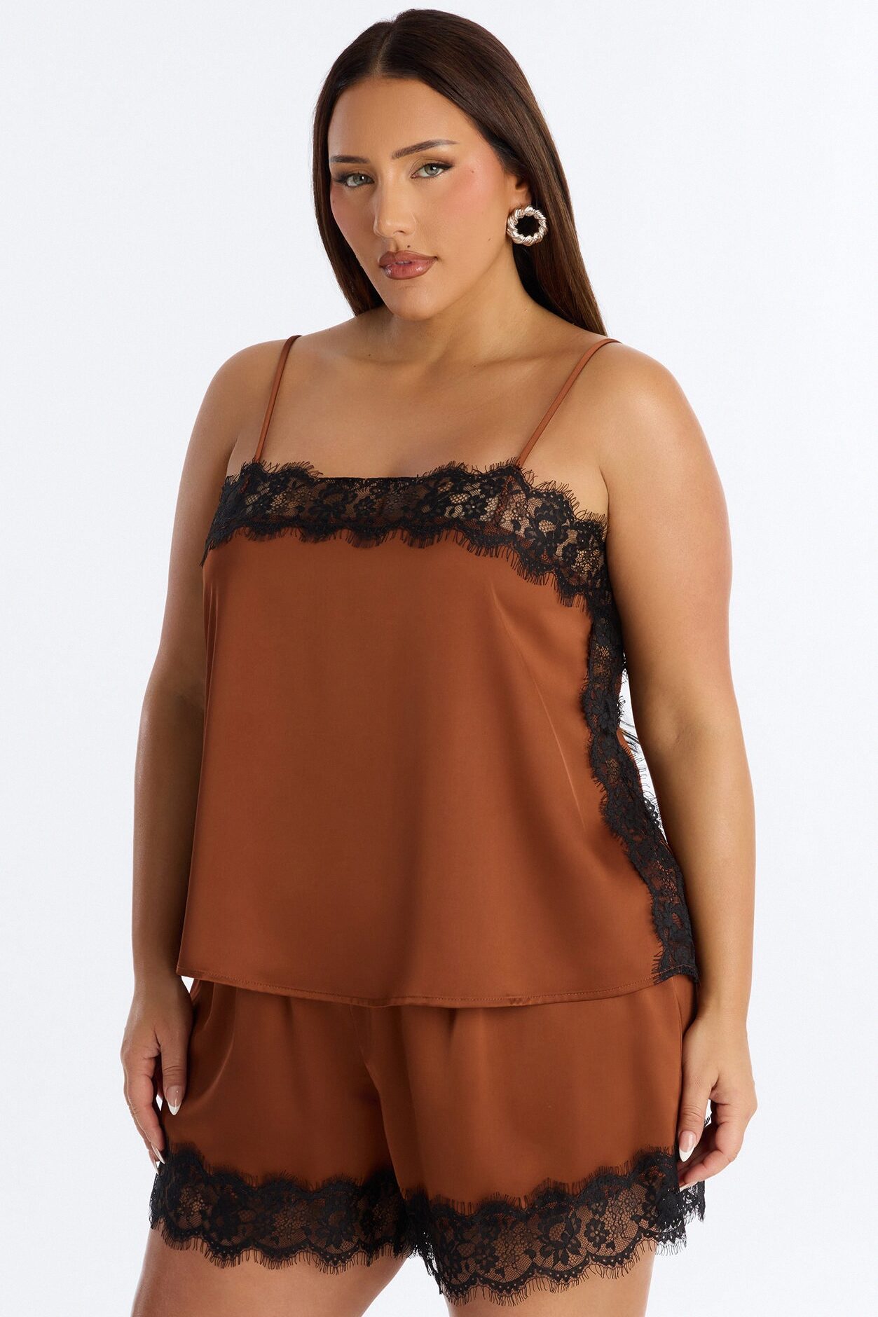 Luella Satin Lace Short Set - Brown