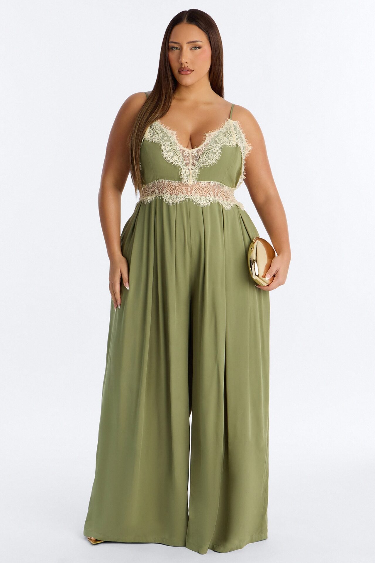 Karmen Lace Trim Wide Leg Jumpsuit - Olive