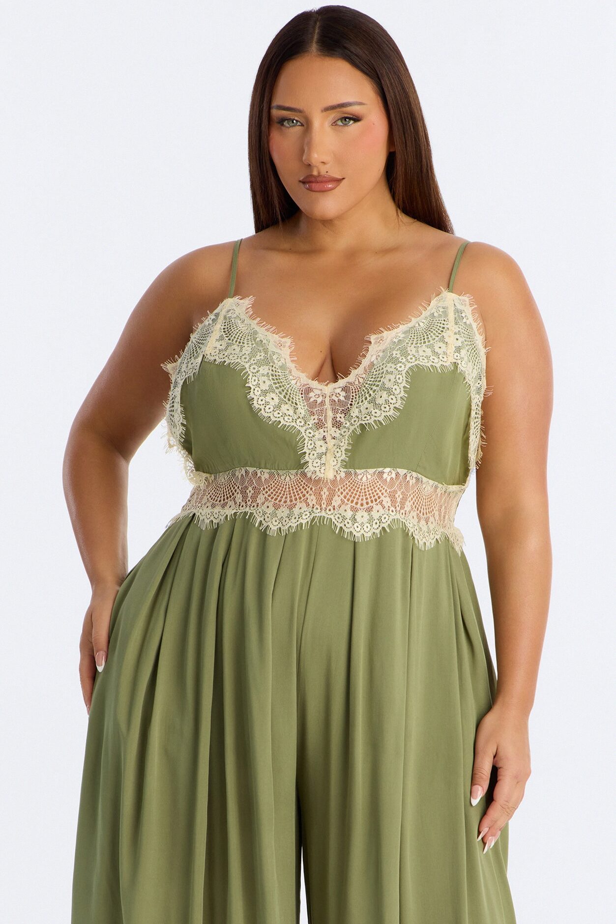Karmen Lace Trim Wide Leg Jumpsuit - Olive