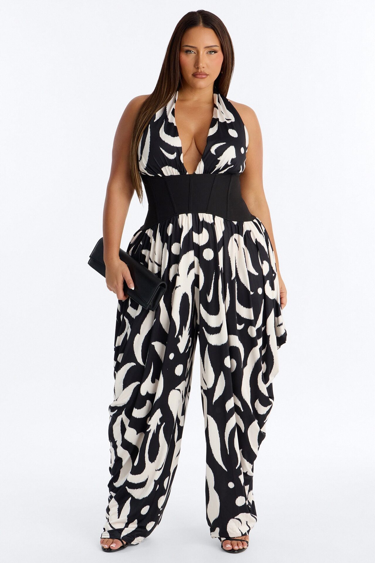 Cleo Plunge Corset Jumpsuit - Black/White
