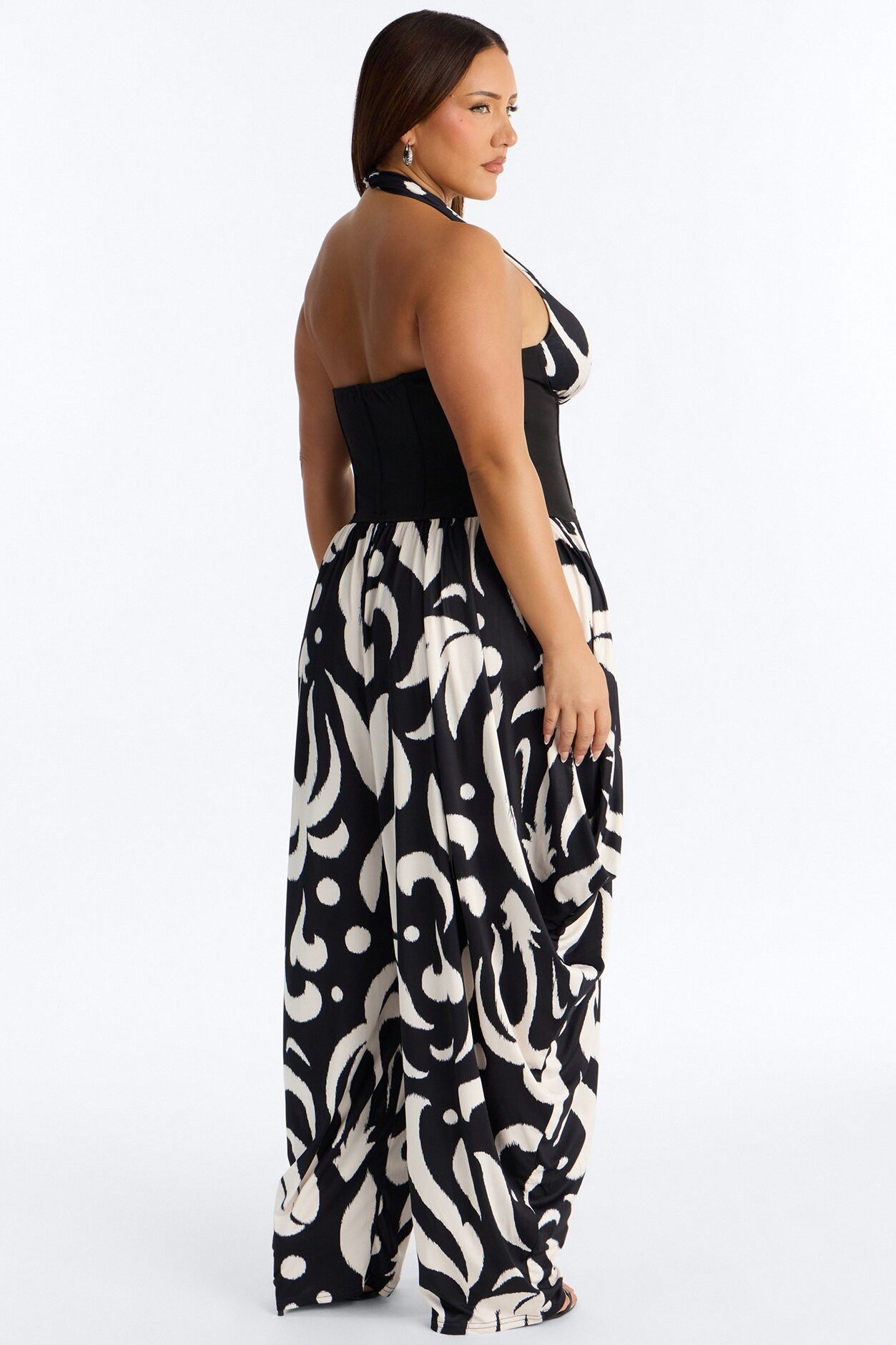 Cleo Plunge Corset Jumpsuit - Black/White