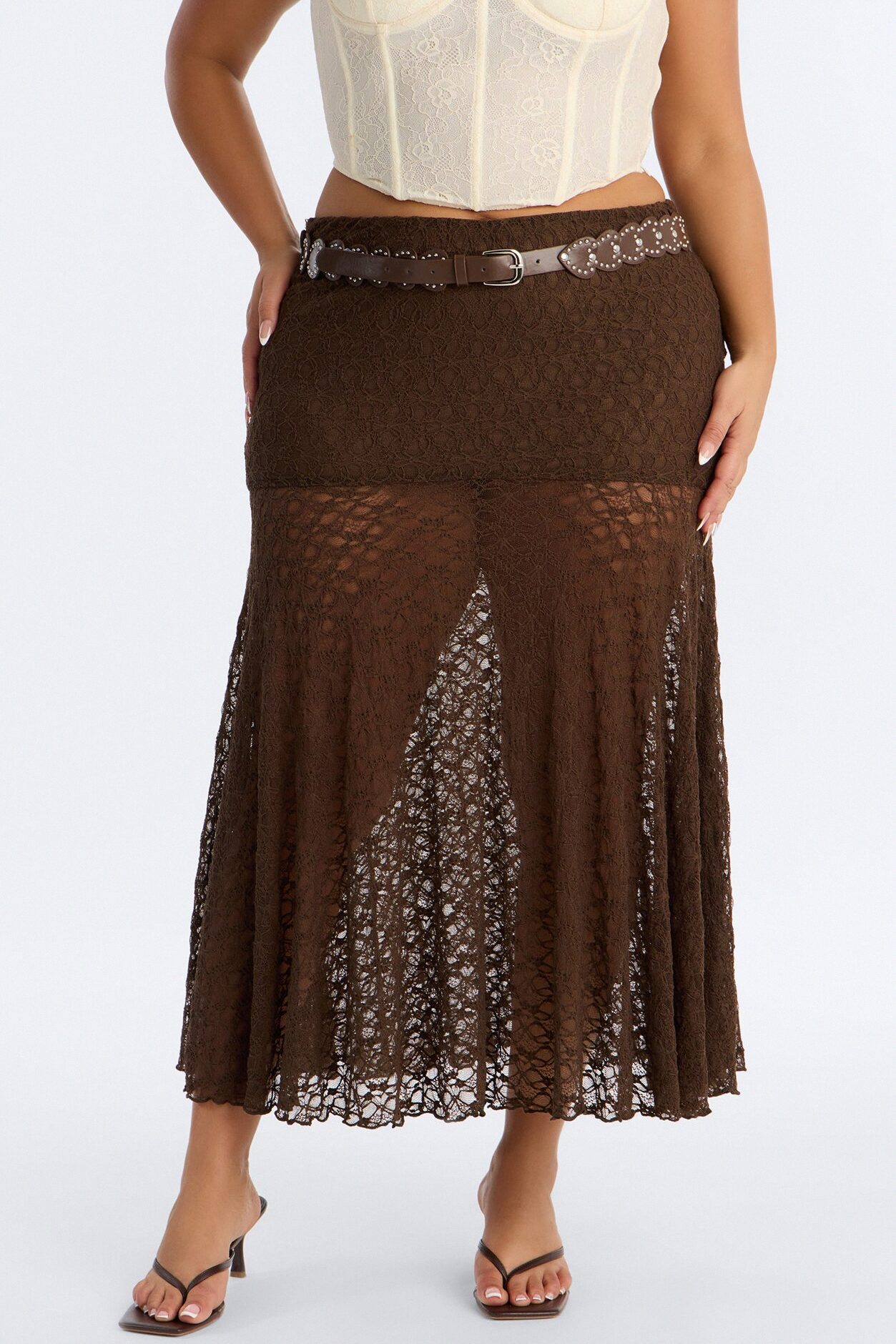 Jade Belted Lace Midi Skirt - Chocolate