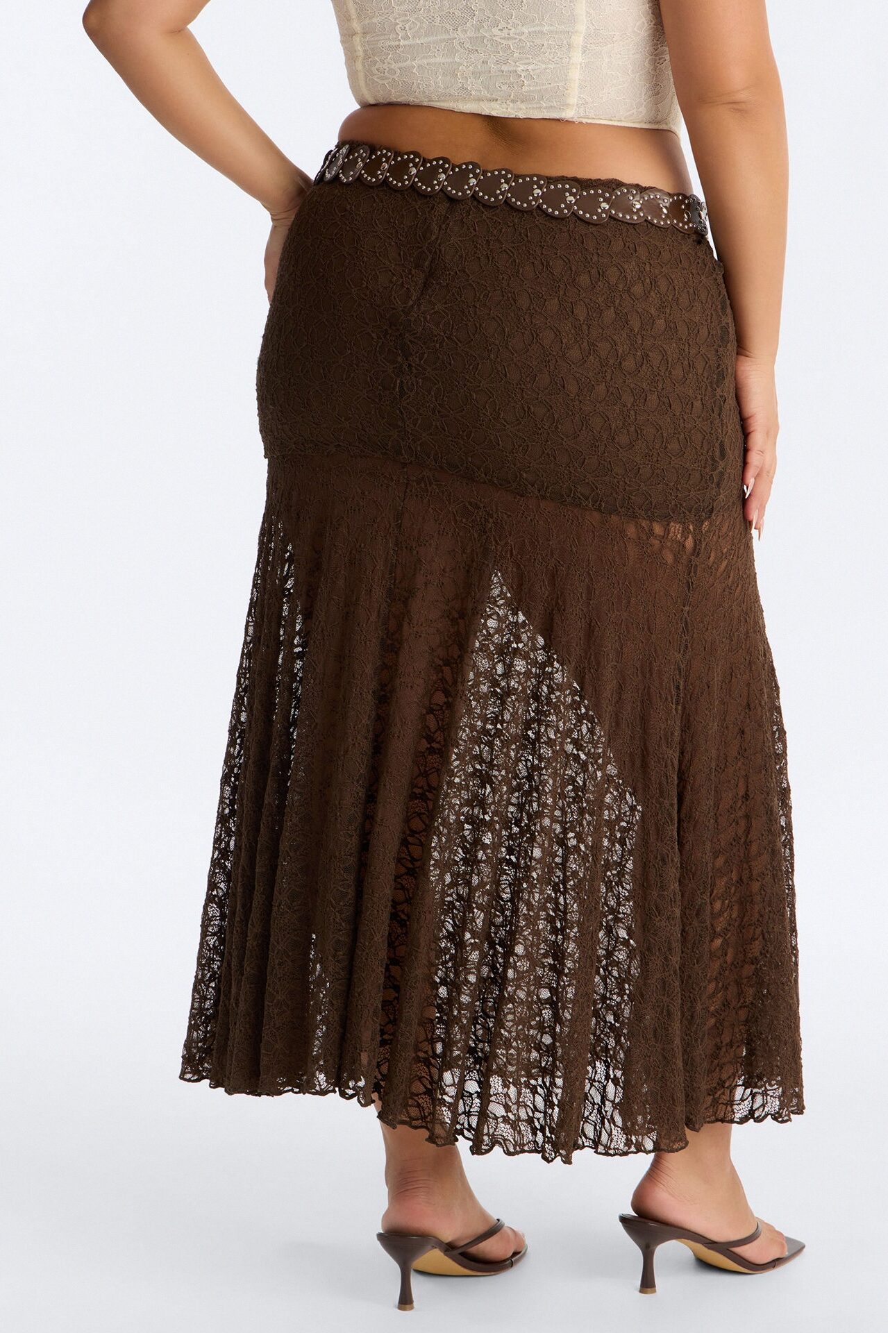 Jade Belted Lace Midi Skirt - Chocolate
