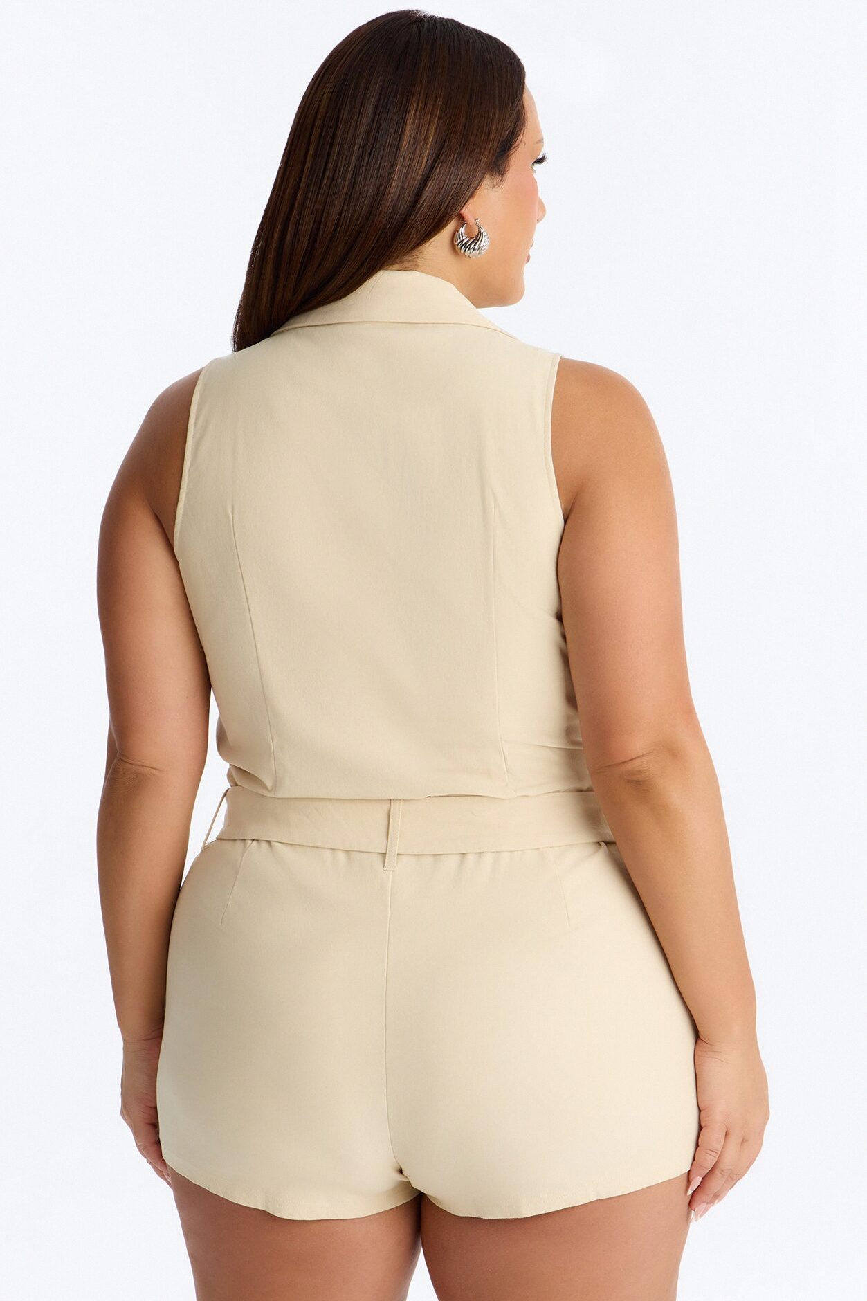 Shana Zip Front Belted Romper - Beige
