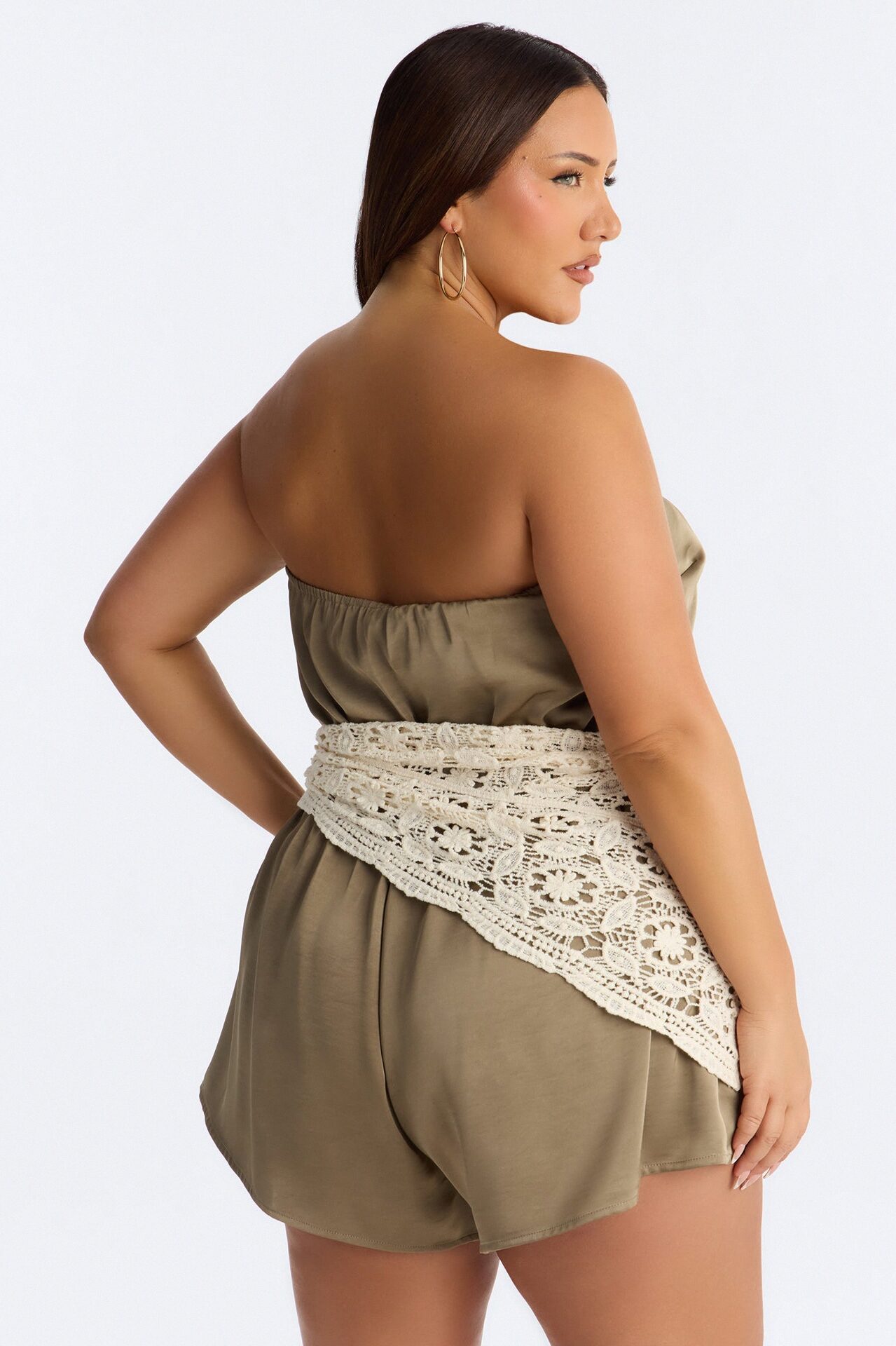 Via Waist Scarf Satin Romper - Olive