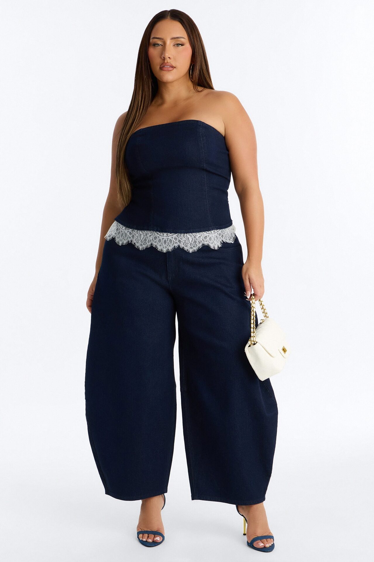 Dahlia Strapless Denim Barrel Pant Set - Dark Wash