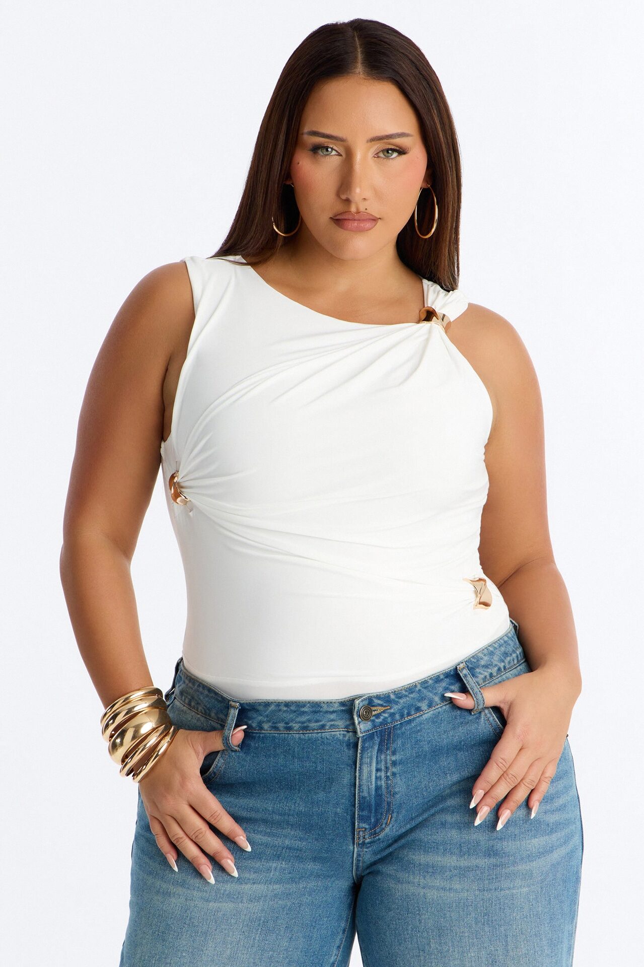 Portofino Waters Hardware Ruched Bodysuit - White