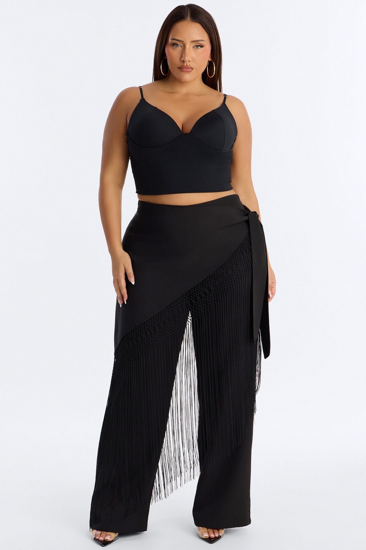 Willow Wrap Fringe Straight Leg Trouser - Black