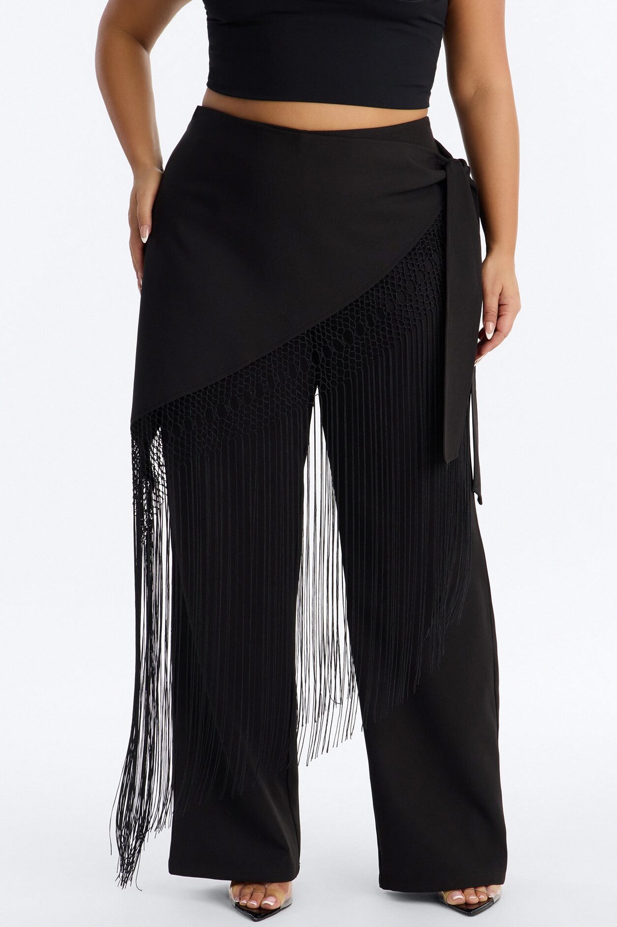 Willow Wrap Fringe Straight Leg Trouser - Black