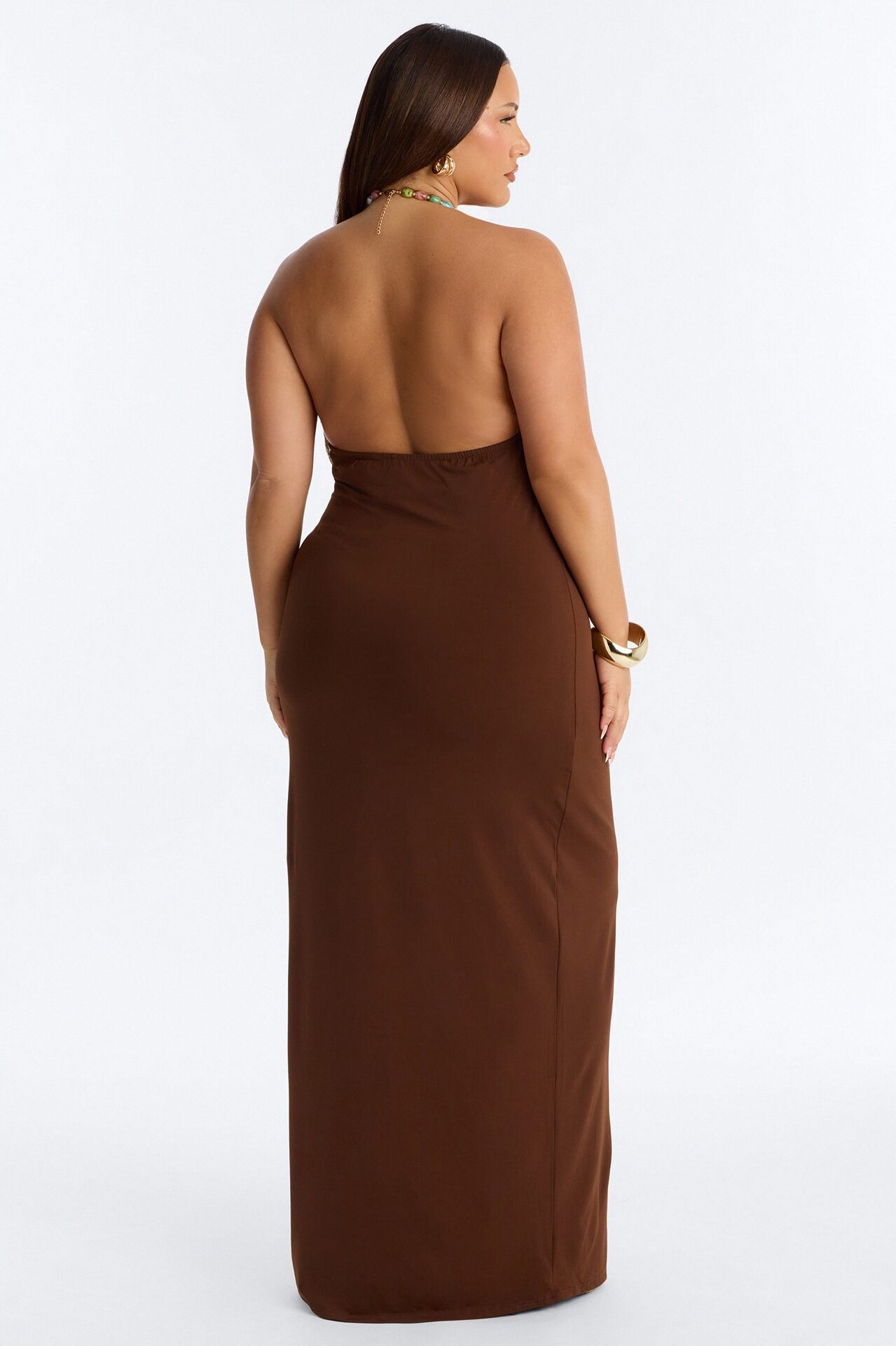Leila Beaded Halter Maxi Dress - Brown