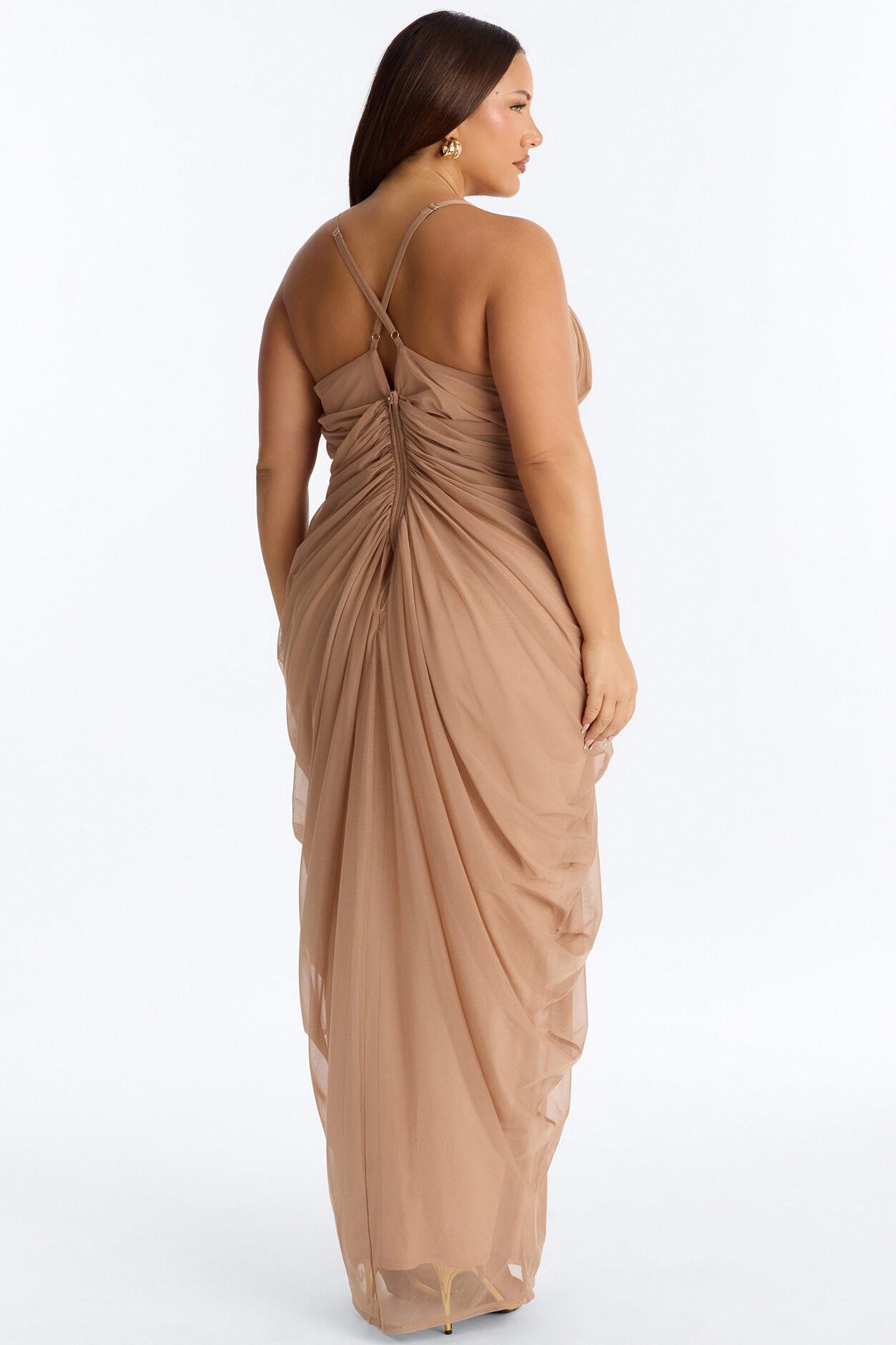 Hailey Draped Mesh Maxi Dress - Mocha